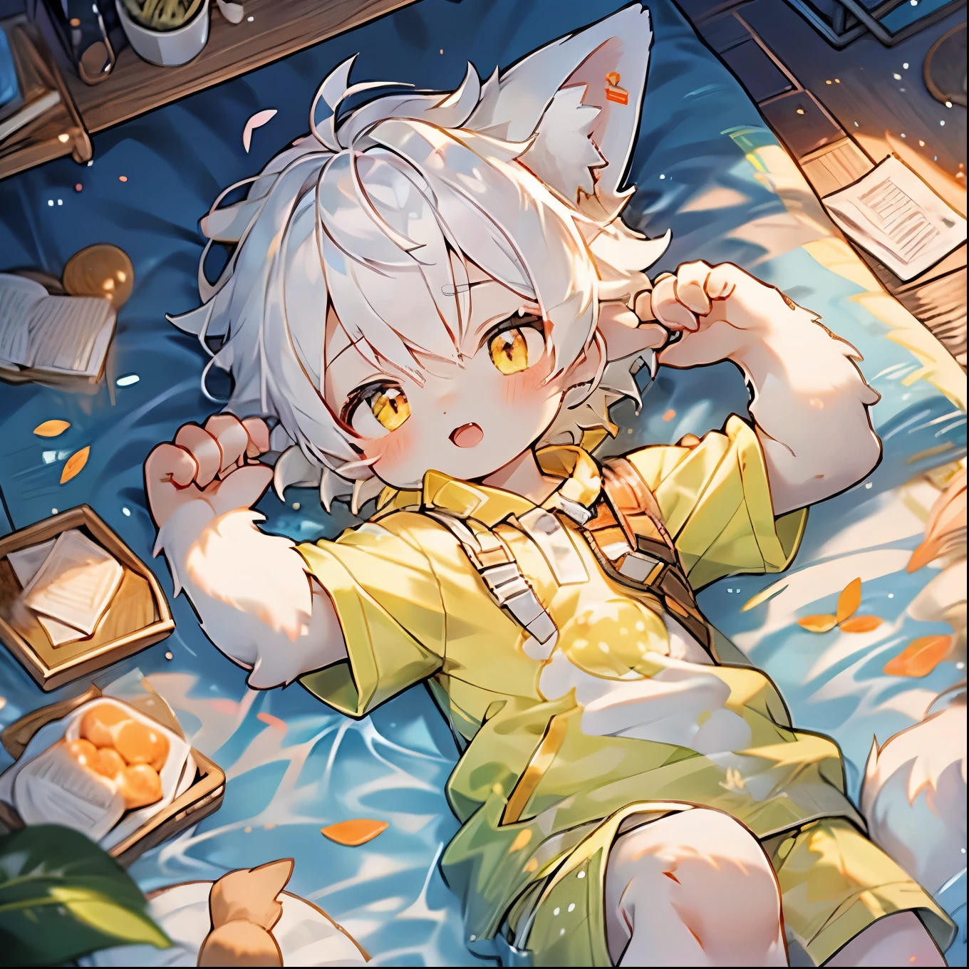 Blue pupils, Light yellow furry body, Light yellow furry tail, Boy Cat，Beautiful wallpaper，非常cute，Light yellow hair，P station popular style，Uma personagem，，cute，Hairy little legs，Traditional style，Blush Blush，Exquisite pajamas，lie on bed，Pouring milk on body