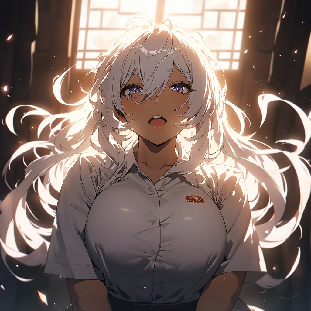  From front, anime girls, light skin, Mommy aura, white hair, short and wave hair, huge breas , big thigs, Indonesia highschool Uniform, On school, Warm lighting, Dramatic lighting, Cinematic, 4K quality, Beautiful scenery, Headphone, Hair Between Eyes, 