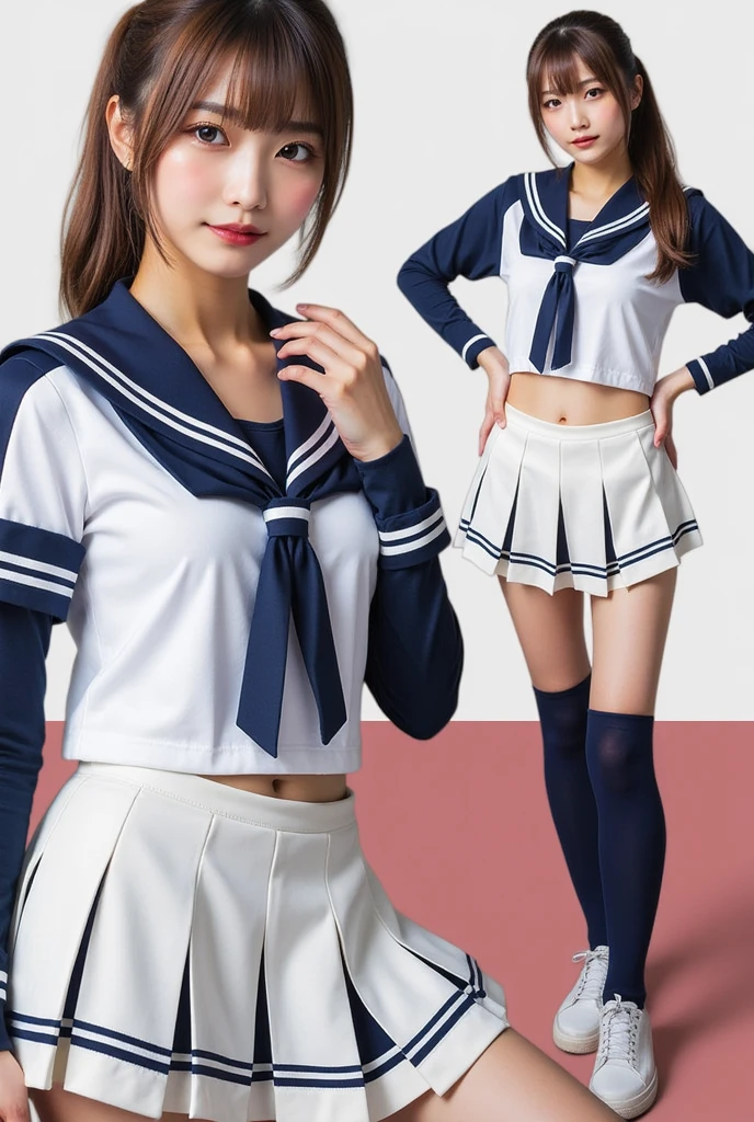 Perfect composition, Proper placement, Golden Ratio, masterpiece,  best quality,  high definition ,  one Japanese woman,  Beautiful Japanese Woman , standing:1.331,  Wearing a Japanese High School Sailor Suit:1.331,  Anatomically Correct Ratio :1.331,  has a small head :1.331, Slender body:1.331,  thin waist:1.331, Thin limbs:1.331,  flat chest:1.331, Brown Hair,  short hair,  hair that flutters like, Summer daytime, Light and Shadow, Movie Lighting, 