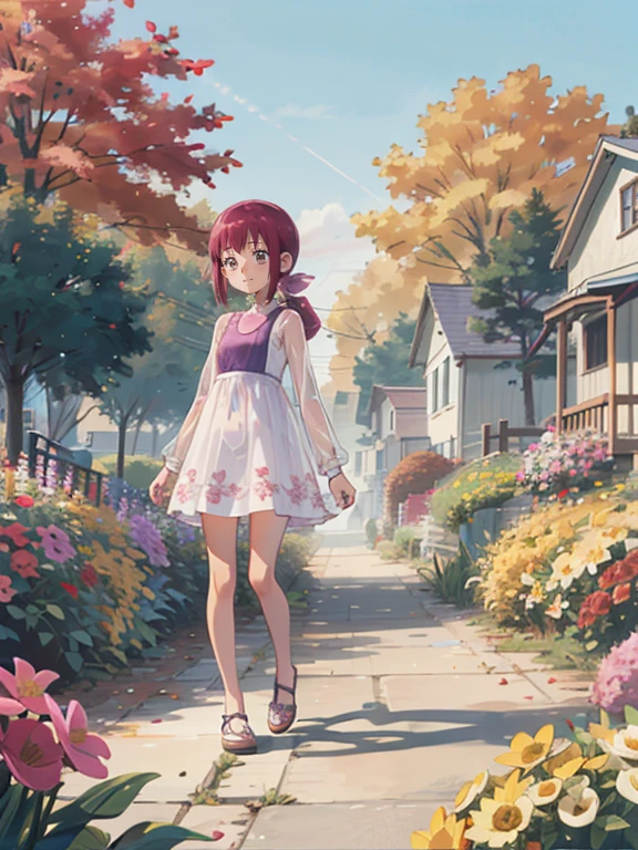  a very young girl ，Real Skin, , Very short stature， toddler figure ， very thin thighs，，Small :1.3，((Full body transparent:1.3)  Long Sleeve Floral Casual Dress)， cute underwear，outside，Autumn Garden， Pretty Fall Foliage ，