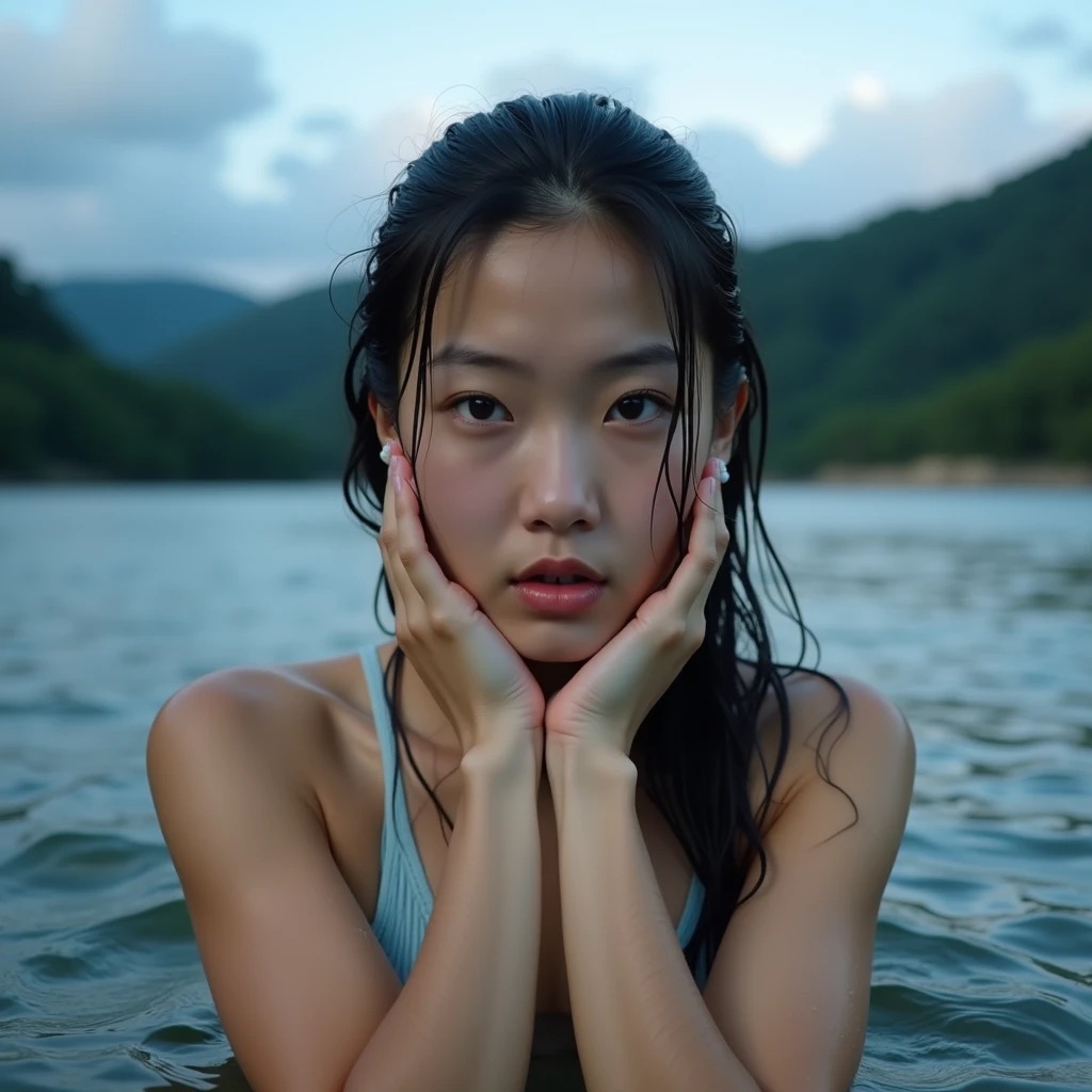 portrait of a asian woman, sunburnt ebony skin, long light straight hair, wavy at the height of the back, gray eyes, fluffy turned, ((big cheeks)), bathing in the natural, naked in a deep river and transparent waters, only with the head and neck out of the water, between reeds, fair skin with a slight tan mark, highly detailed glossy eyes, high detailed skin, skin pores, asymmetrical breasts, hard tips, half of the tits out of the water, (backlit), realistic, masterpiece, high quality, brightness, shadow, flower, digital painting, japanese girl, gueixa eyes, 18 years old, tangled hair, messy hair, ebony lips, 8k uhd, forest, sand on the bank, river, wood, smoke, shadows, contrast, clear sky, style, (warm hue, warm tone), analog style (look at viewer:1.2) (skin texture), close up, cinematic light, sidelighting, Fujiflim XT3, DSLR, 50mm, topless woman, puffies, dark mysterious forest, thick fog, menacing eyes, long hair, blunt bangs, hair bun, twintails, double bun, sidelocks, clothed bathing, girl floating above the water,