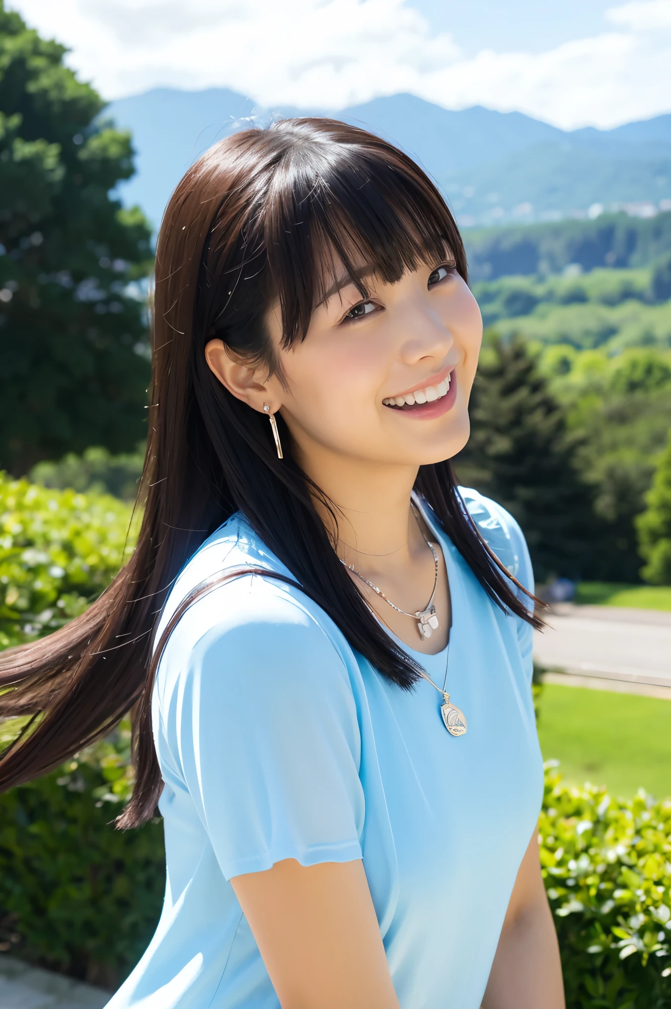      show me a woman who will surprise everyone、Mountain Park 、Distant Buildings 、   I can see the blue sky in the distance    、White clouds floating、 bright blue summer dress   、  long hair 、 sneakers、Laugh a little、Look at me with kind eyes、Slightly pointed lips、Bangs swaying in the wind、 Front View、  raise your face、Soft Backlight、   Earrings 、  Necklaces  、  Bracelets、