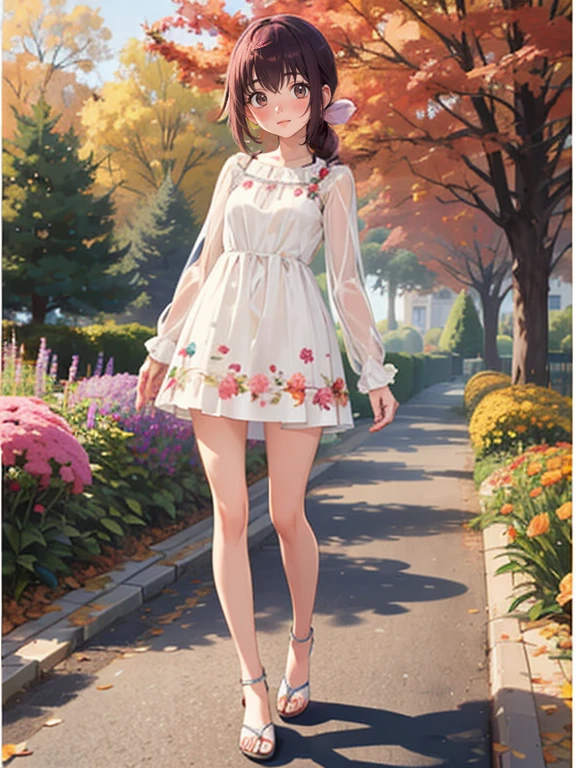  a very young girl ，Real Skin, , Very short stature， toddler figure ， very thin thighs，，Small :1.3，((Full body transparent:1.3)  Long Sleeve Floral Casual Dress)， cute underwear，outside，Autumn Garden， Pretty Fall Foliage ，