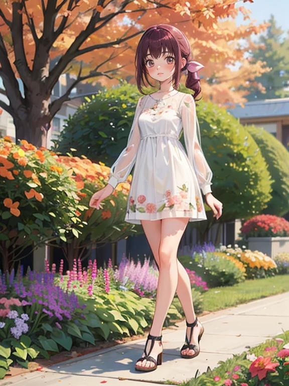  a very young girl ，Real Skin, , Very short stature， toddler figure ， very thin thighs，，Small :1.3，((Full body transparent:1.3)  Long Sleeve Floral Casual Dress)， cute underwear，outside，Autumn Garden， Pretty Fall Foliage ，