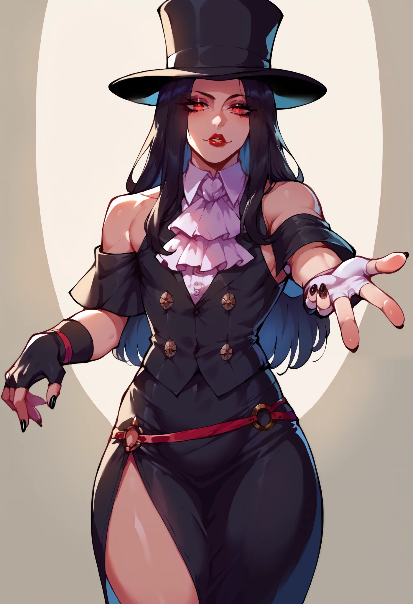 (score_9, score_8_up, seductive face, seductive expression, tall), ggtestament formal, androgynous male, black sleeves, detached sleeves, ascot, top hat, long black skirt, side slit, fingerless gloves, bare shoulders, black nails, black hair, puffy lips, wide hips, red eyes, hand outstretched, soft lighting, shadow, Nyantcha style, source_anime, 