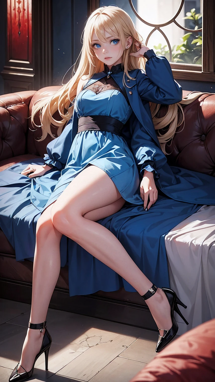  girl with long blond hair  ,  realistic detailed blue eyes,, wearing short blue dress , black high heels, COVERED IN BLOOD, with wounds 