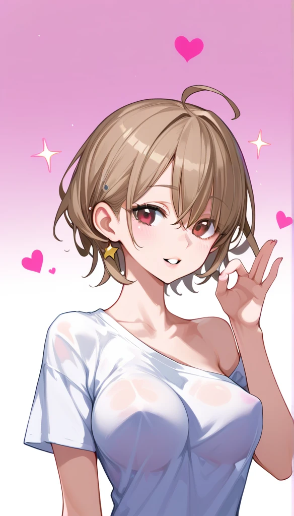 (score_9, score_8_up, score_7_up, score_6_up, score_5_up, score_4_up, just describe what you want, tag1, tag2, highest quality, Best quality, masterpiece,) BREAK she has large breasts, (((perky breasts))), ((covered nipples)), (cleavage) BREAK , slender waist, skinny, baby face , round face, brown eyes , BREAK ( ( happy), (half open eye), (parted lips), ) BREAK (messy chignon , hind hair, )  BREAK ((((extremely extremely close-up face, bust-up, looking at viewer, )))), (((1 lady is putting hand on between legs and Stomach , she is wearing oversized casual shirt, separate breasts, dropped breasts, heart shape gesture with hands nearby her chin , sparkle, glitter, pop style background, writing drop shadow ))), 