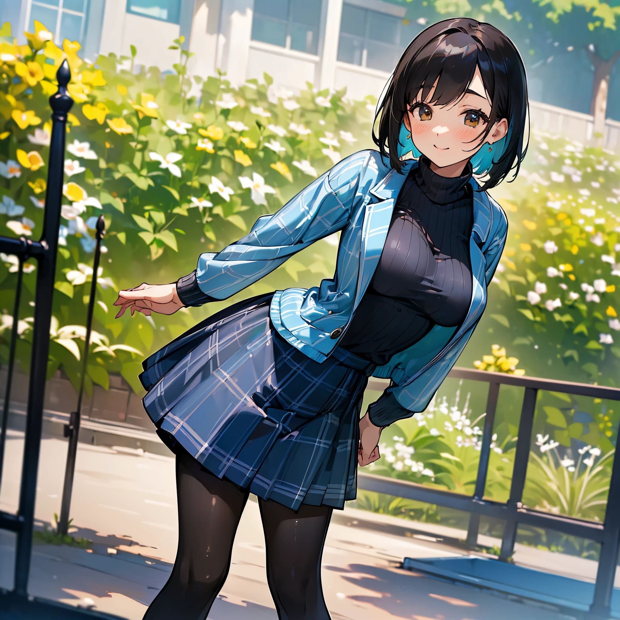 ( High Quality ,  high definition , Very detailed, reality:1.37), Peaceful atmosphere, (Outdoor, garden),   girl standing alone, (My breasts are large.), Beautiful details,  cute smile with blush, (Black Bob), Ribbed sweater,  blue plaid skirt, Black tights, Brown leather shoes.