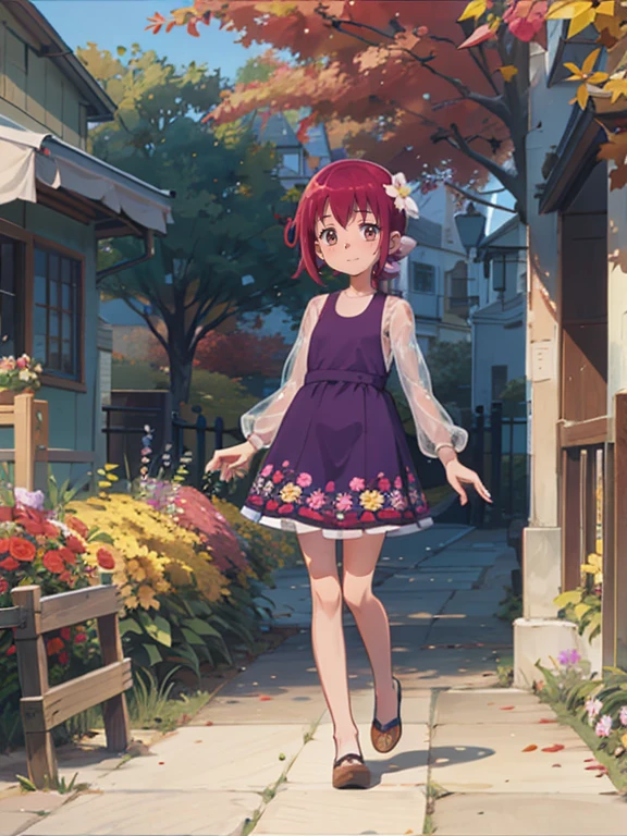  a very young girl ，Real Skin, , Very short stature， toddler figure ， very thin thighs，，Small :1.3，((Full body transparent:1.3)  Long Sleeve Floral Casual Dress)， cute underwear，outside，Autumn Garden， Pretty Fall Foliage ，