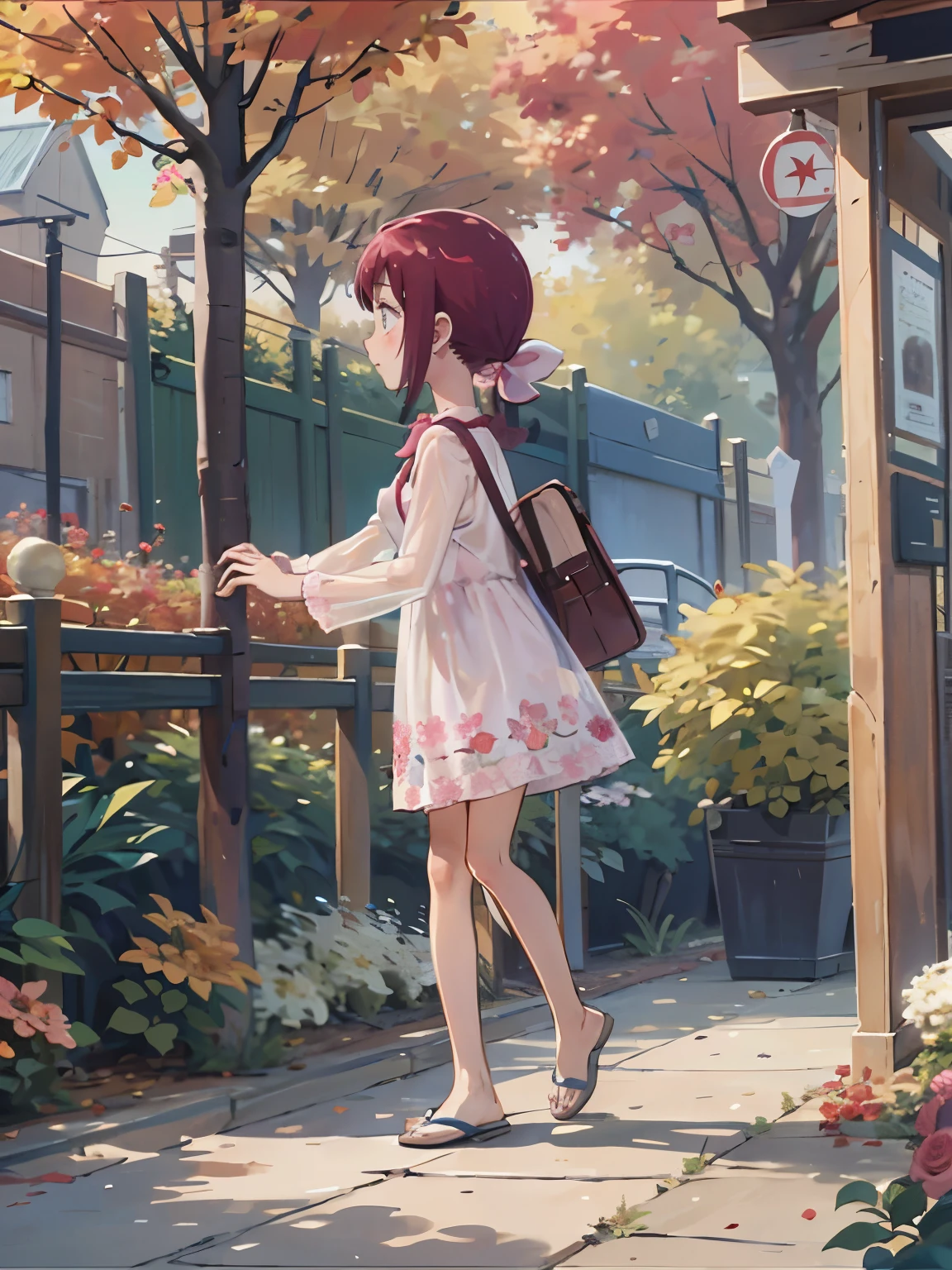  a very young girl ，Real Skin, , Very short stature， toddler figure ， very thin thighs，，Small :1.3，((Full body transparent:1.3)  Long Sleeve Floral Casual Dress)， cute underwear，outside，Autumn Garden， Pretty Fall Foliage ，