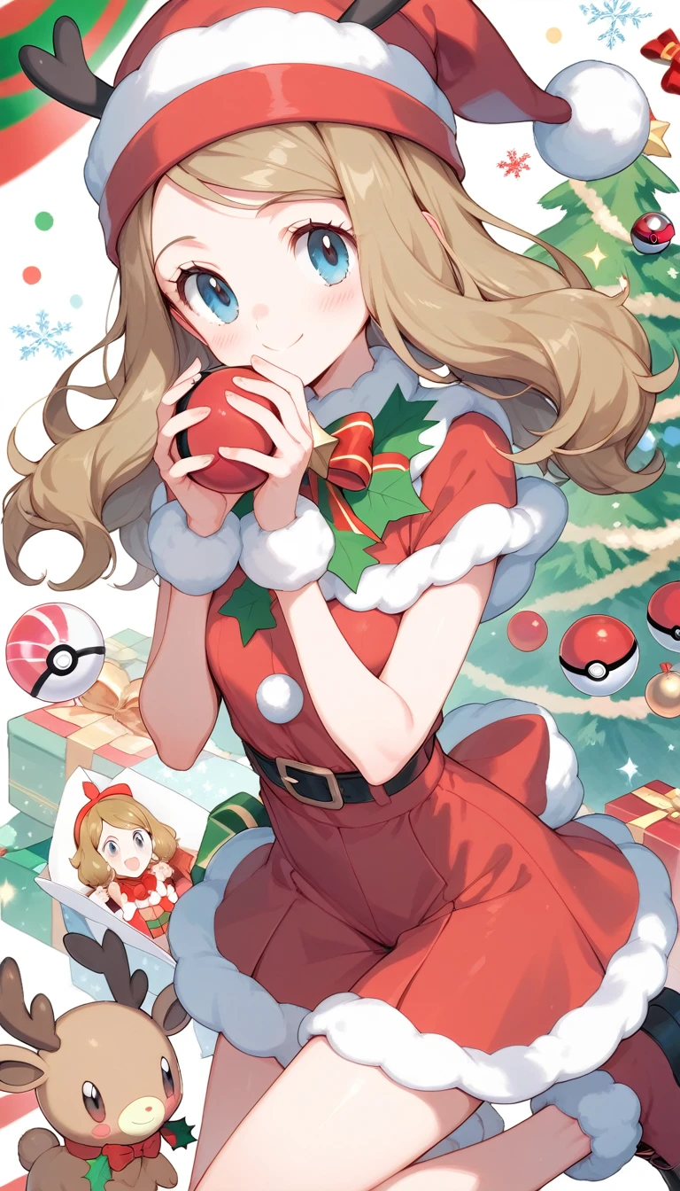 character pokemon serena , four Pokemon's girls , red-nosed reindeer costume, cute image, Christmas cover, saturated colors, friend , pokemon design, PokeBall 