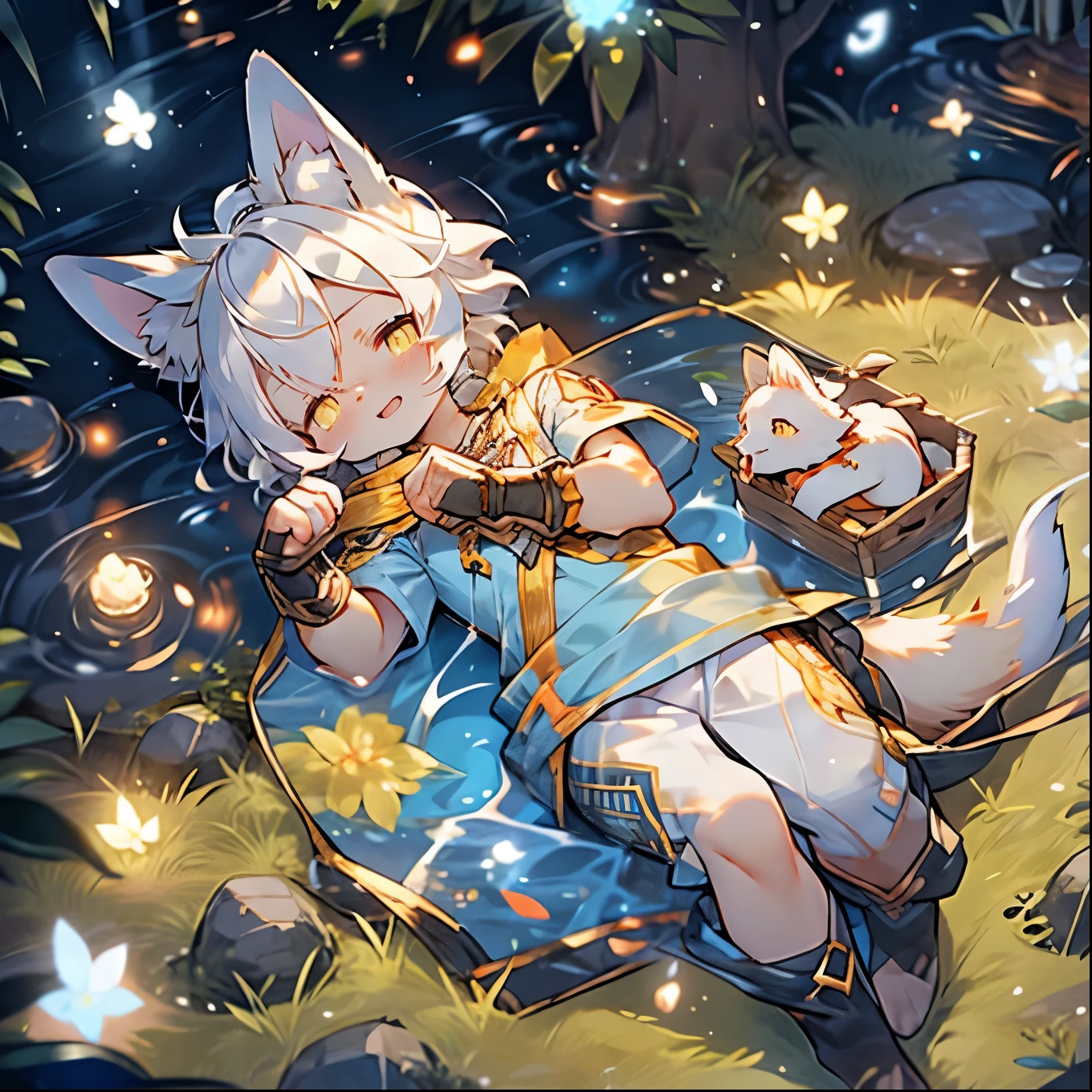Masterpiece, high-quality portrait, 3D realistic CG, 16k, dramatic lighting, intricate details, impasto, anthro, furry, gray hair all over, (youth), boy, field, night, vista, a white cloak with yellow bells on the collar, white ears, (by kekitopu)