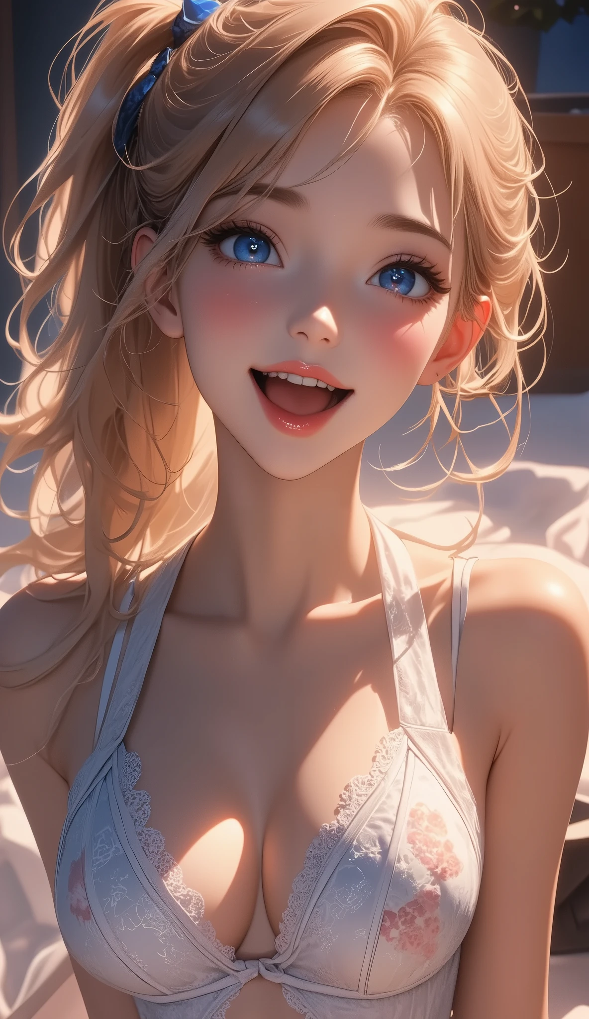 (最 High Quality :1.2, several people having fun with each other while having very detailed , up to date, lively, Super detailed, High Contrast, masterpiece:1.2, 最 High Quality , best aesthetics ), (only one young woman is depicted), ( small face), ( DETAILED SKIN :1.2), clavicle, cute face, Beautiful appearance, Long eyelashes, ( Blonde Long Ponytail, blue eyes, Completely naked), Attractive Chest Lines:1.2, ( slim figure without arms:1.4), several people having fun with each other while having very detailed 顔と肌の質感, beautiful eyes , double eyelid, (( open your mouth, shout, expressions of overflowing joy :1.2)), ((Kinky Woman Drowning In Aphrodisiacs :1.1)), BACKGROUND WITH BED , beautiful skin , background blur, High Quality , surreal, bright color ,