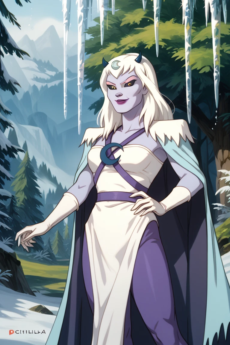 score_9, score_8_up, score_7_up, score_6_up, score_5_up, score_4_up, a girl in the frozen forest, smile, white gloves, chilla, thundercats, icicles, standing,  colored skin, cape, white hair, long hair, solo,  black sclera, yellow eyes,  score_9, source_anime, High Resolution, Detail, Masterpiece, 