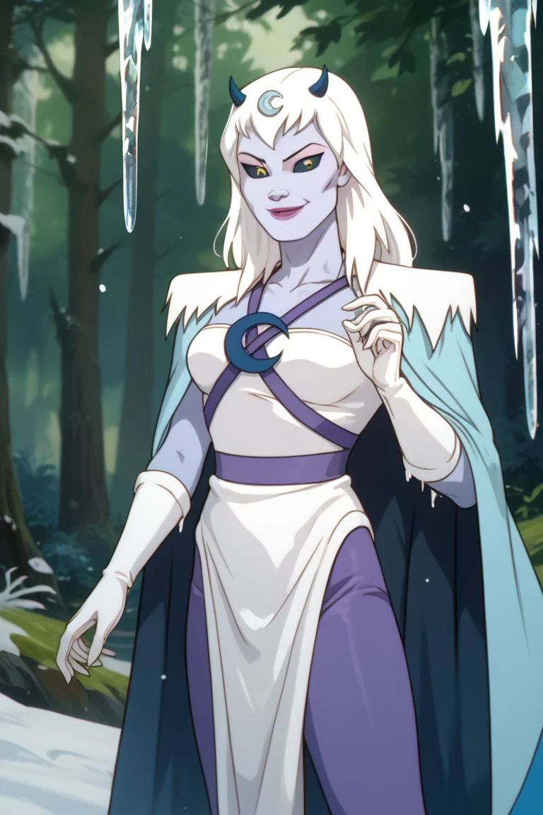 score_9, score_8_up, score_7_up, score_6_up, score_5_up, score_4_up, a girl in the frozen forest, smile, white gloves, chilla, thundercats, icicles, standing,  colored skin, cape, white hair, long hair, solo,  black sclera, yellow eyes,  score_9, source_anime, High Resolution, Detail, Masterpiece, 