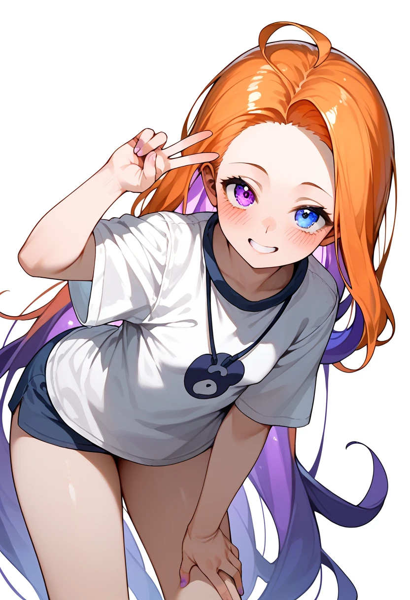 Masterpiece, Anime, 1girl, ZoeLoLXL, mature, purple eyes, (blue eye), heterochromia, orange hair, multicolored hair, gradient hair, purple hair, very long hair, forehead, small breasts, white shirt, oversized shirt, smile, blush, cute, full frame, leaning forward, hand on thigh, (peace sign), thighs, looking at viewer, leaning, white background, simple background, score_9, score_8_up, score_7_up, unaestheticXL_bp5