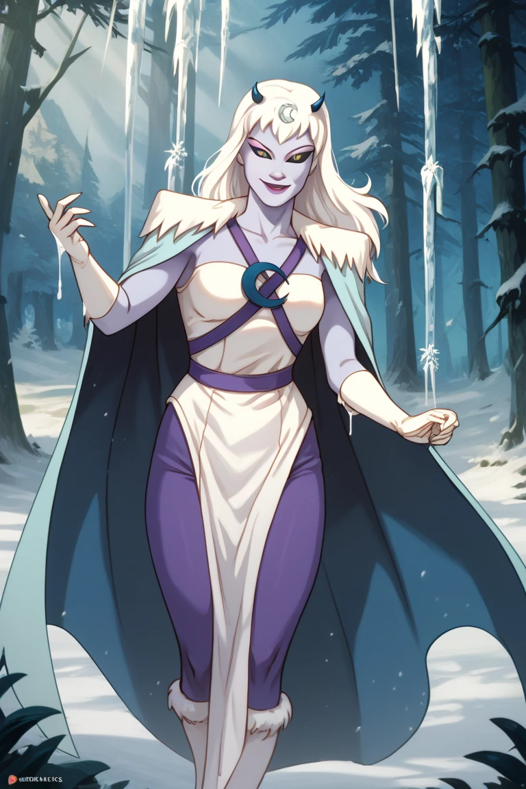 score_9, score_8_up, score_7_up, score_6_up, score_5_up, score_4_up, a girl in the frozen forest, smile, white gloves, chilla, thundercats, icicles, standing,  colored skin, cape, white hair, long hair, solo,  black sclera, yellow eyes,  score_9, source_anime, High Resolution, Detail, Masterpiece, 