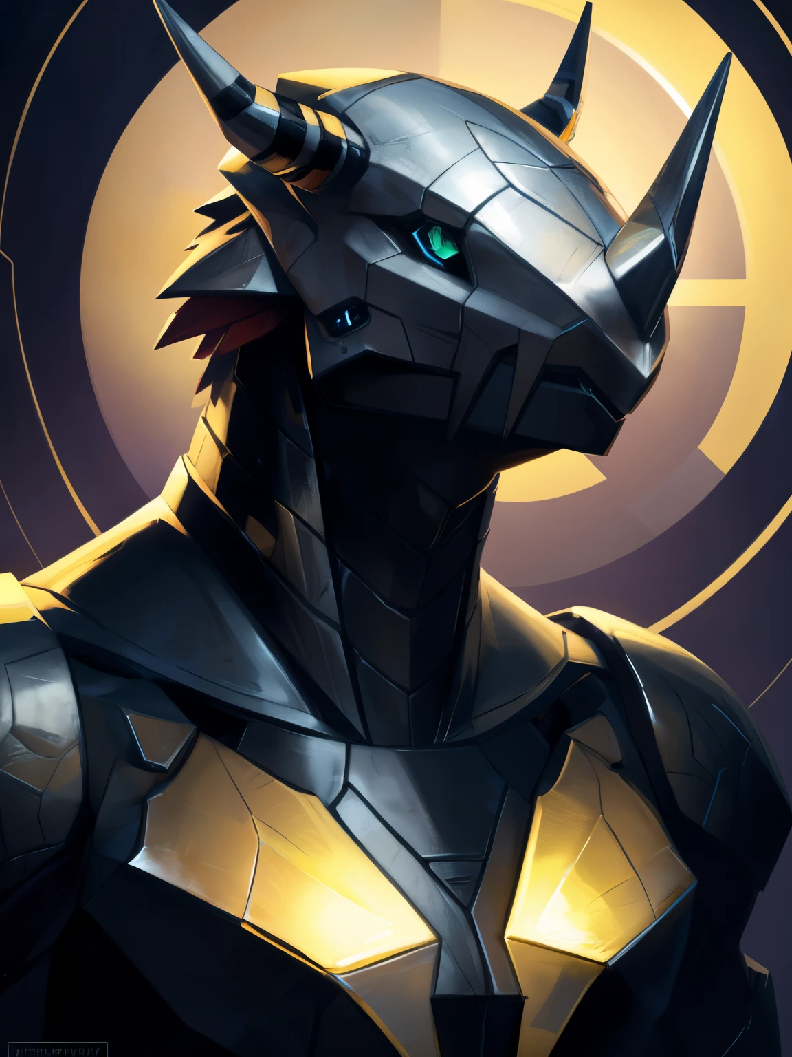 wargreymon, bust portrait, vibrant lighting, elegant, highly detailed, smooth, sharp focus, illustration, beautiful, geometric, trending on artstation, full body, cinematic, artwork by borovikovsky
