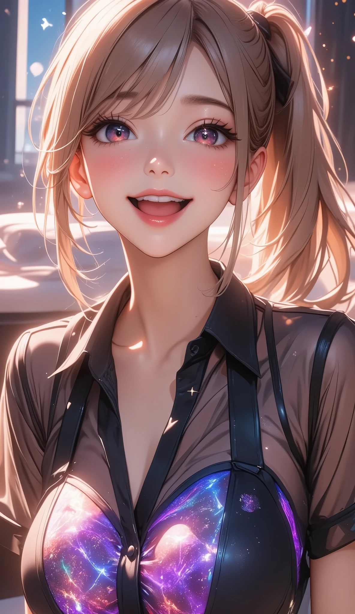 (最 High Quality :1.2,  several people having fun with each other while having very detailed , up to date,  lively, Super detailed,  High Contrast, masterpiece:1.2, 最 High Quality ,  best aesthetics ), (only one young woman is depicted), ( small face), ( DETAILED SKIN :1.2), clavicle,  cute face, Beautiful appearance, Long eyelashes, ( Blonde Long Ponytail,  blue eyes,  see-through shirt 、See-through fabric ),  Attractive Chest Lines:1.2, ( slim figure without arms:1.4),  several people having fun with each other while having very detailed 顔と肌の質感,  beautiful eyes , double eyelid, (( open your mouth, shout,  expressions of overflowing joy :1.2)), BACKGROUND WITH BED ,  beautiful skin ,  background blur,  High Quality ,  surreal,  bright color ,