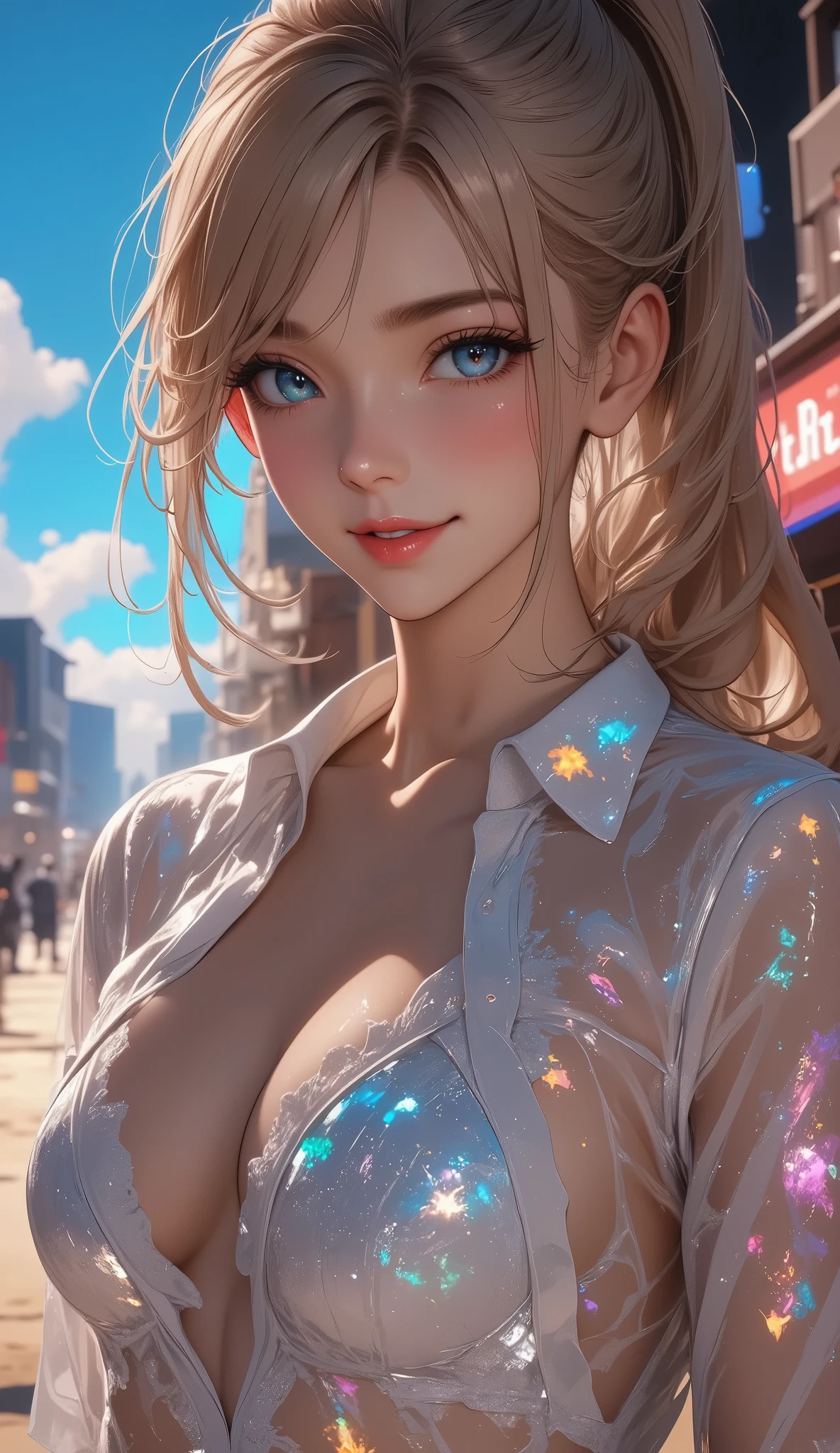 (最 High Quality :1.2,  several people having fun with each other while having very detailed , up to date,  lively, Super detailed,  High Contrast, masterpiece:1.2, 最 High Quality ,  best aesthetics ), (only one young woman is depicted), ( small face), ( DETAILED SKIN :1.2), clavicle,  cute face, Beautiful appearance, Long eyelashes, ( Blonde Long Ponytail,  blue eyes,  see-through shirt 、See-through fabric ),  Attractive Chest Lines:1.2, ( slim figure without arms:1.4),  several people having fun with each other while having very detailed 顔と肌の質感,  beautiful eyes , double eyelid, (( open your mouth, shout,  expressions of overflowing joy :1.2)), BACKGROUND WITH BED ,  beautiful skin ,  background blur,  High Quality ,  surreal,  bright color ,