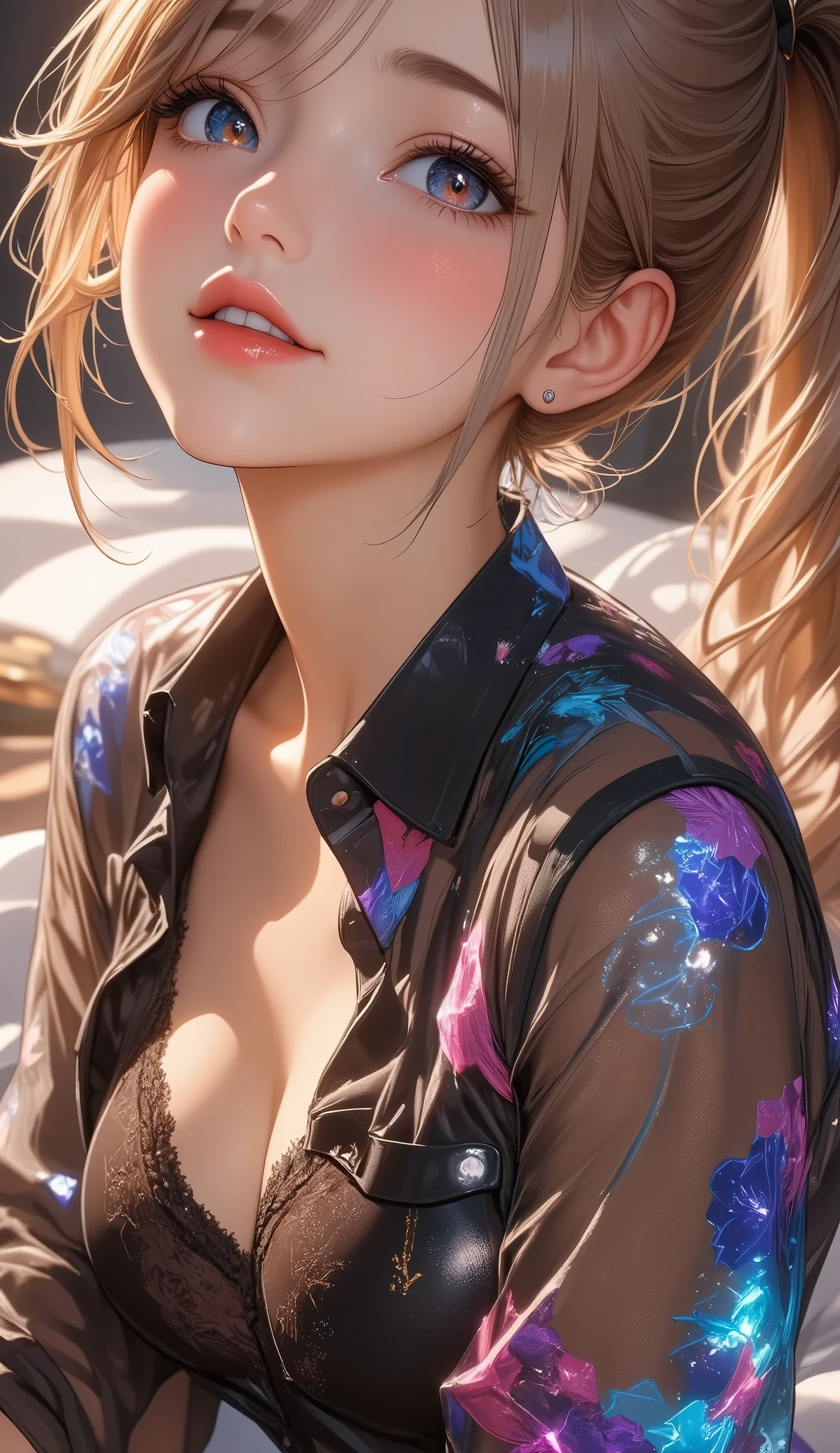 (最 High Quality :1.2,  several people having fun with each other while having very detailed , up to date,  lively, Super detailed,  High Contrast, masterpiece:1.2, 最 High Quality ,  best aesthetics ), (only one young woman is depicted), ( small face), ( DETAILED SKIN :1.2), clavicle,  cute face, Beautiful appearance, Long eyelashes, ( Blonde Long Ponytail,  blue eyes,  see-through shirt 、See-through fabric ), attractive cowboy shot:1.4, ( slim figure without arms:1.4),  several people having fun with each other while having very detailed 顔と肌の質感,  beautiful eyes , double eyelid, (( open your mouth, shout,  expressions of overflowing joy :1.2)), BACKGROUND WITH BED ,  beautiful skin ,  background blur,  High Quality ,  surreal,  bright color ,