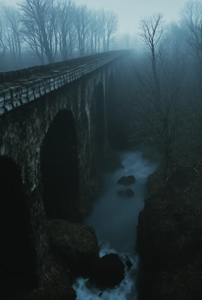 old bridge that looks like it's about to fall apart, dark and eerie atmosphere shrouded in thick fog, foggy filter effects, contrasts of light and shadow, 2.5D, artistic photography, hyper realistic, digital graphic CG, BREAK ultra detailed, absolutely resolution, best quality