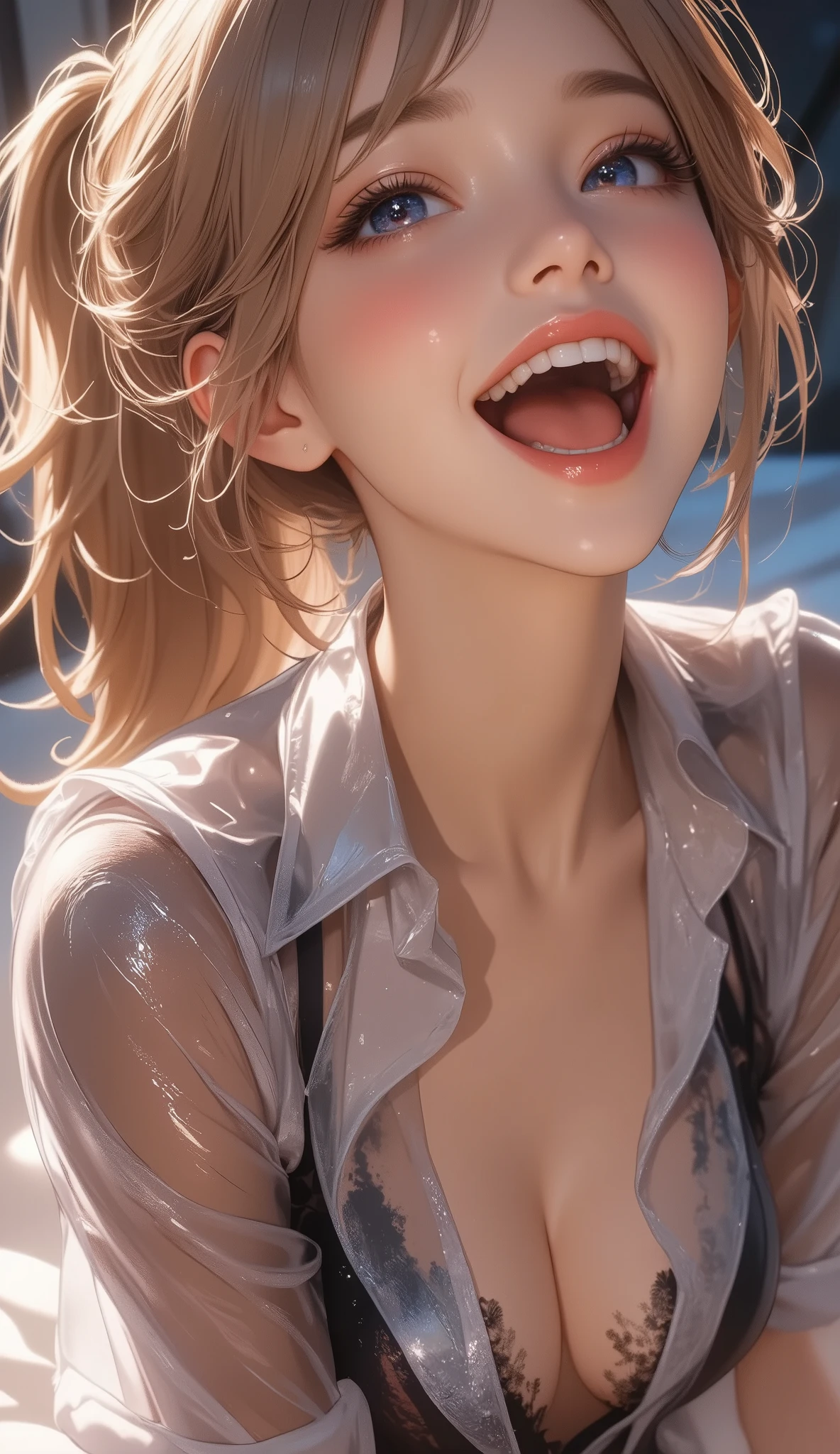 (最 High Quality :1.2,  several people having fun with each other while having very detailed , up to date,  lively, Super detailed,  High Contrast, masterpiece:1.2, 最 High Quality ,  best aesthetics ), (only one young woman is depicted), ( small face), ( DETAILED SKIN :1.2), clavicle,  cute face, Beautiful appearance, Long eyelashes, ( Blonde Long Ponytail,  blue eyes,  baby doll、See-through fabric ), attractive cowboy shot:1.4, ( slim figure without arms:1.4),  several people having fun with each other while having very detailed 顔と肌の質感,  beautiful eyes , double eyelid, (( open your mouth, shout,  expressions of overflowing joy :1.2)), BACKGROUND WITH BED ,  beautiful skin ,  background blur,  High Quality ,  surreal,  bright color ,