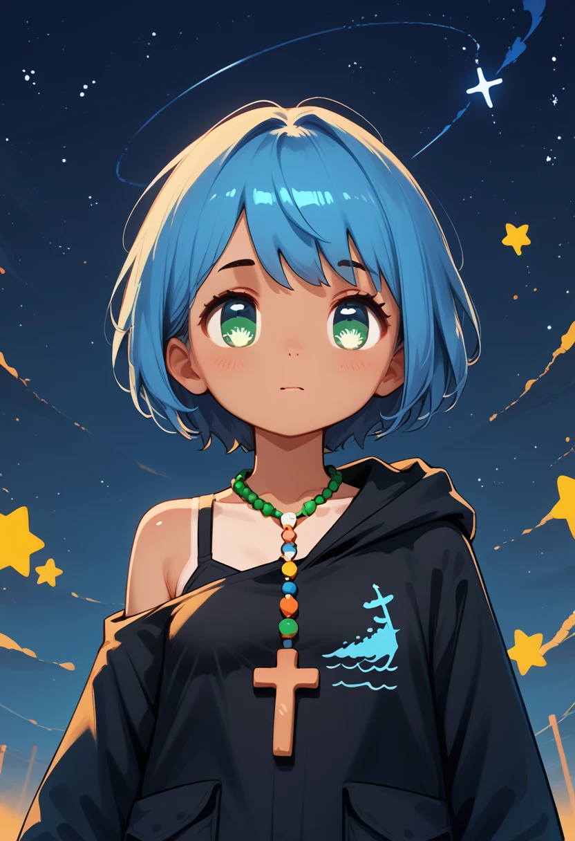 Sky, it's night, luce, ((((whole body)))), the night is full of stars, there are planets in the sky, bright colors, Incredible details, Shiny hair, spectacular hair, (little), (cute), short hair, galaxy hair, green eyes, silhouette, tanned, ((small breasts)), black sweater, bare shoulder,