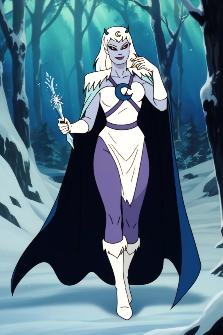 masterpiece, best quality, cartoon depicting a gorgeous platinum haired ice sorceress with Dutch braided hair,  wearing a glistening sexy dress with deep cleavage,  smiling at viewer in a frozen tundra