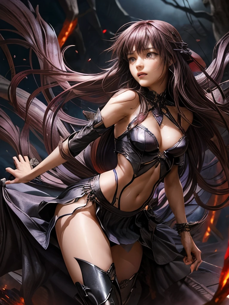 best quality、torture、 slave、Constraints、BDSM、Captured by a monster、Surrounded by Monsters 1:5、defeat、 beautiful woman with very long purple hair、Full of wounds、tattered white armor(Small breasts、 cleavage、 off-shoulder 、Sleeveless、No elbow pads、belly button、 high leg、Exposed thighs)、White Armor Boots、Beautiful woman with very long purple hair 、 Tears Overflow 、Crying face、 frightened expression 、Fleeing、run、Attacked by monsters 1:5、Many violent monsters 1:5、Monster grabs arm. Monster attacks from behind、Monster grabs the leg、Monster Swarm 1:5、midnight、 Darkness、Different world、 Dark Fantasy 、Pitch Black Hell