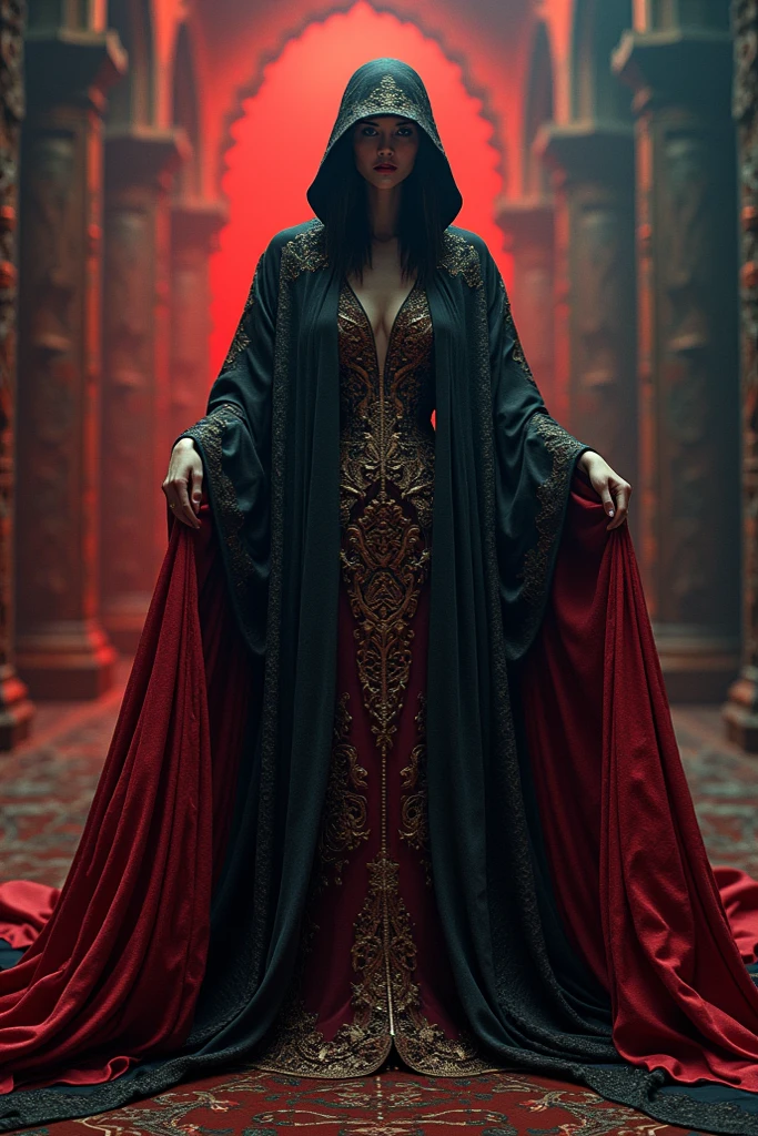 An Indian chubby woman age of 55 years in a black saree, high heels, black gloves with sharp cat like claws, wearing a cat head mask which covers her glowing green cat eyes attach with her attire a red cape, ready to unleash her wrath upon her prey with a signature meow pose, and has a cunning smile on her cherry red lips