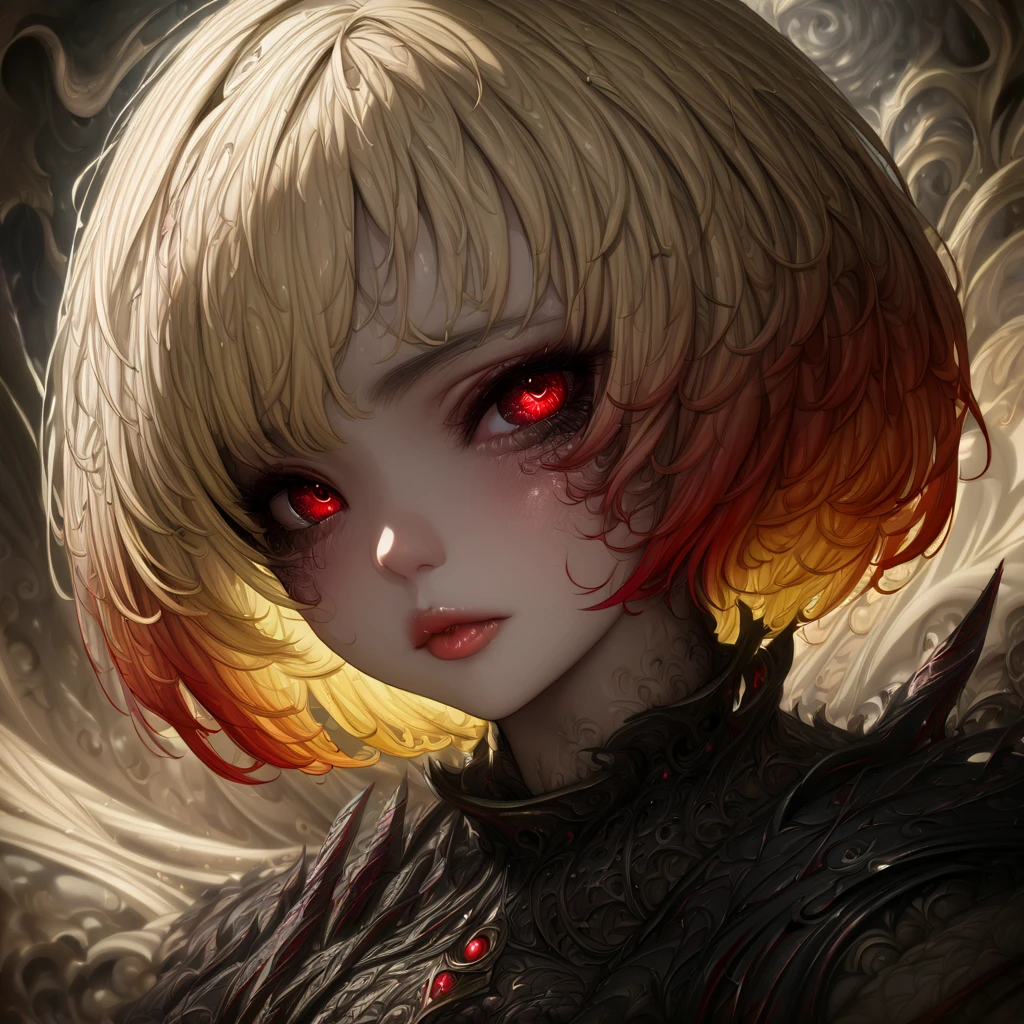 1girl, short hair, dark fantasy, red eyes, gradient hair black to blonde, detailed face, beautiful detailed eyes, beautiful detailed lips, extremely detailed, high quality, detailed, masterpiece, 8k, best quality ratatatat47