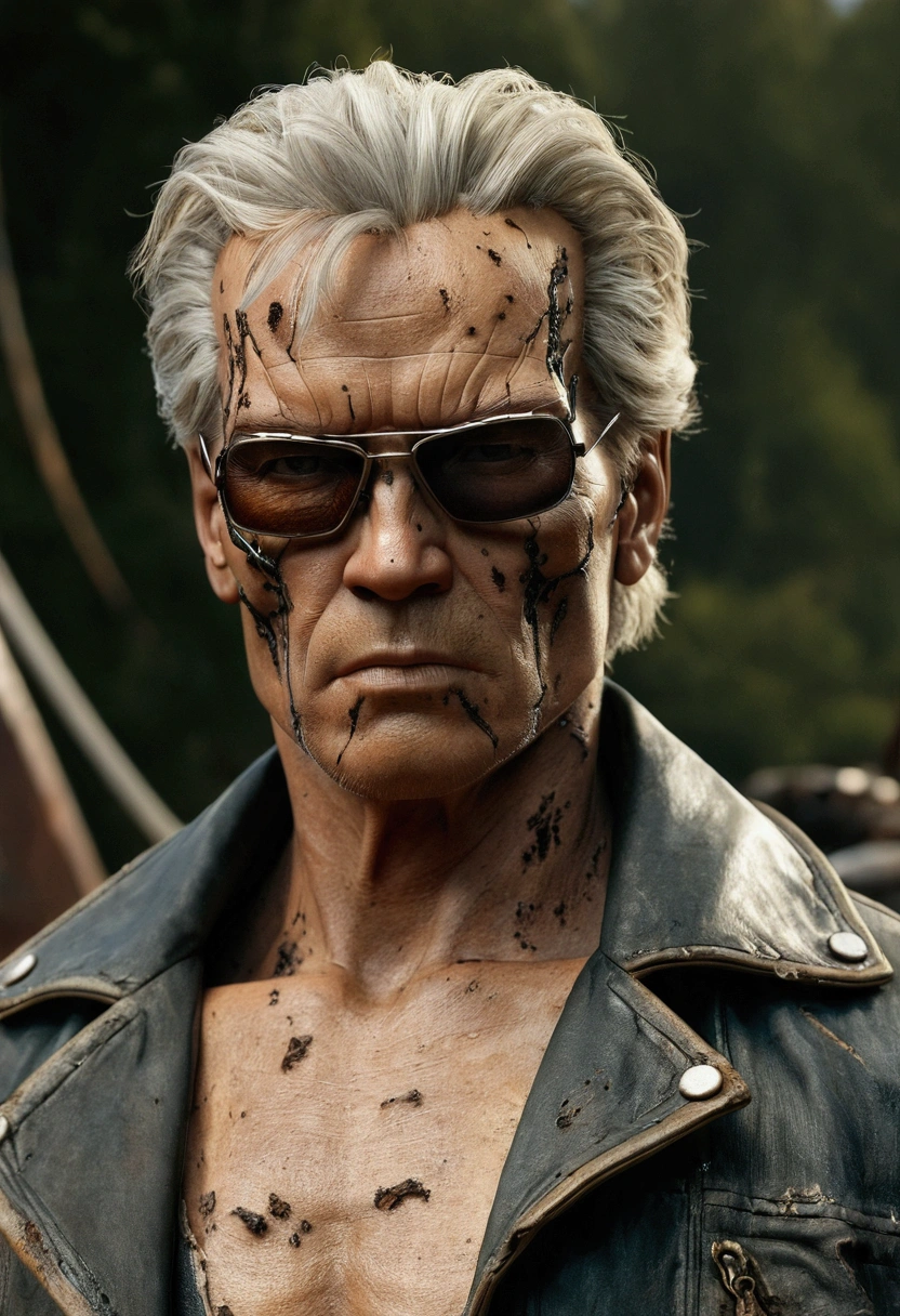 Create a high-resolution realistic scene showing in the foreground the Terminator character, aged, 80 years old, white hair, he is standing on a junkyard.  He is visibly worn out, with his half-human, half-machine appearance exposed.  His face is covered in deep wrinkles and scars, with areas where the skin is torn, revealing mechanical and metallic parts underneath.  you have a tired expression, He is facing the camera.  his clothes are very dirty and torn, his leather jacket shows signs of deep wear. The surrounding environment is full of debris and rusty parts, with good lighting that passes through piles of scrap, creating a post-apocalyptic environment.  The scene conveys a feeling of loneliness and desolation.  The camera should focus on the details of the face and worn clothes.  the image was captured by a Canon EOS R5 50mm camera, in a Steampunk, post-apocalyptic setting, ultra-realistic image, bukeh effect. Resolution: 3840x2160
 Diffuse, cool light, high contrast
 Depth of field, sharp details on human and mechanical parts
 Close UP with a Canon EOS R5 50mm lens on the terminator