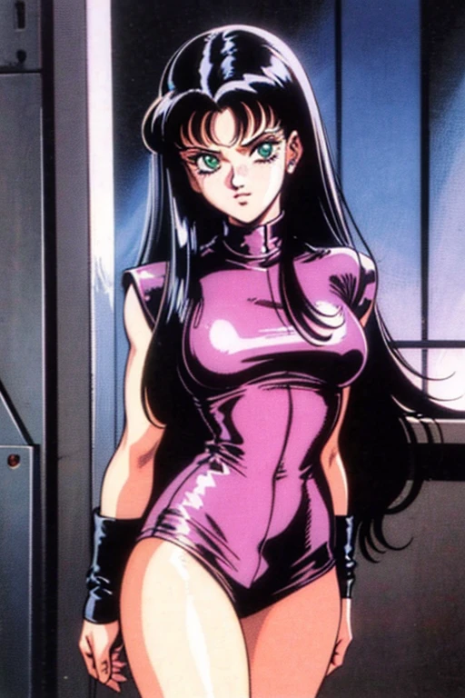 1990s (style), 1980s (style), retro artstyle, a girl, long black hair, green eyes, wavy hair, biker clothes,  cyberpunk, 2077, best quality, masterpiece.