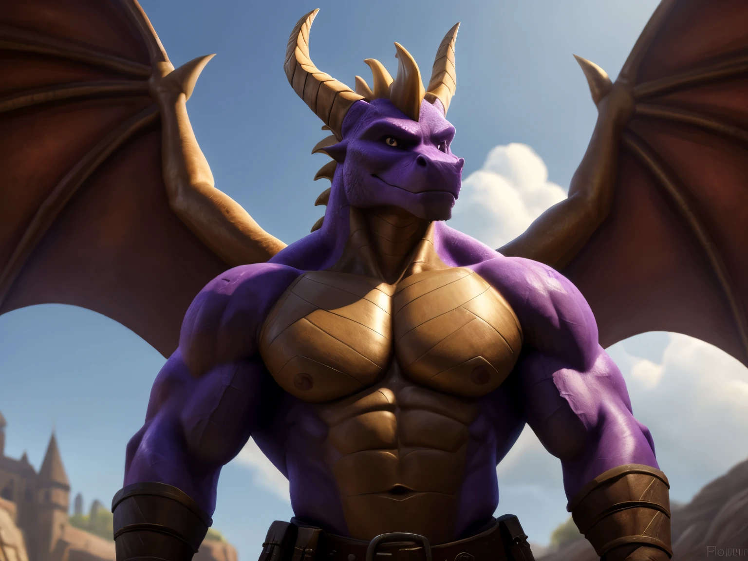 muscular male dragon, Spyro, Chad, bare chest muscles, medieval hero, adult, large, heroic pose, medieval fantasy, 2 Horns, 2 Wings, imposing, highly detailed, incredibly realistic, 8k, masterpiece, hyperrealistic, cinematic lighting, dramatic shadows, vivid colors, sharp focus, unreal engine, photorealistic, exquisite details