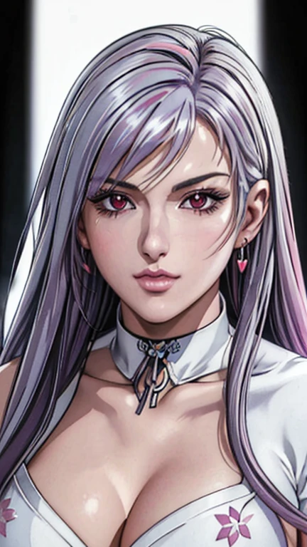 red eyes with slit pupils, (highest quality, masterpiece painting:1.3), immature woman, , (half body shot), masterpiece, ultra high resolution, (Photoreal:1.0), ((light purple hair)),straight hair, beautiful shining hair, white and shining skin, ((Ultra realistic details)), octane rendering, highly detailed face, (big breasts:0.8), (make a heart with hands), （(Translucent white robe),  (pink feather robe,Layering), White cherry blossom embroidery pattern, silver earrings,（milky way galaxy), Hair flutters under the influence of the wind, open neckline, cleavage, perfect body, soft skin, White cherry blossom embroidery pattern, silver earrings, (pure white background:1.4), sharp focus, intricate details, professional artwork, (bright colors:1.1), bright colors, diffused lighting, digital blending, ultra-definition body, ultra detail hair, super detailed face, trending on pixiv, top button open, Cute gaze, compensate, perfect lips, perfect compensate, Ultra-precision coating, (light_smile:0.8),