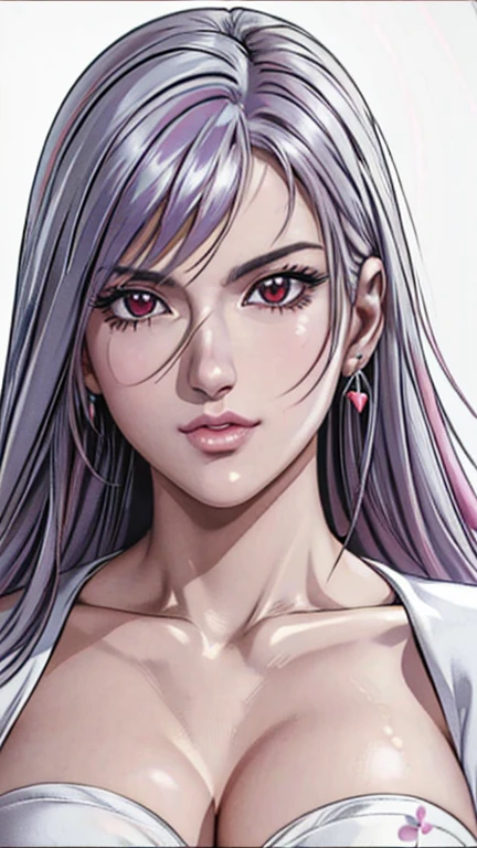 red eyes with slit pupils, (highest quality, masterpiece painting:1.3), immature woman, , (half body shot), masterpiece, ultra high resolution, (Photoreal:1.0), ((light purple hair)),straight hair, beautiful shining hair, white and shining skin, ((Ultra realistic details)), octane rendering, highly detailed face, (big breasts:0.8), (make a heart with hands), （(Translucent white robe),  (pink feather robe,Layering), White cherry blossom embroidery pattern, silver earrings,（milky way galaxy), Hair flutters under the influence of the wind, open neckline, cleavage, perfect body, soft skin, White cherry blossom embroidery pattern, silver earrings, (pure white background:1.4), sharp focus, intricate details, professional artwork, (bright colors:1.1), bright colors, diffused lighting, digital blending, ultra-definition body, ultra detail hair, super detailed face, trending on pixiv, top button open, Cute gaze, compensate, perfect lips, perfect compensate, Ultra-precision coating, (light_smile:0.8),