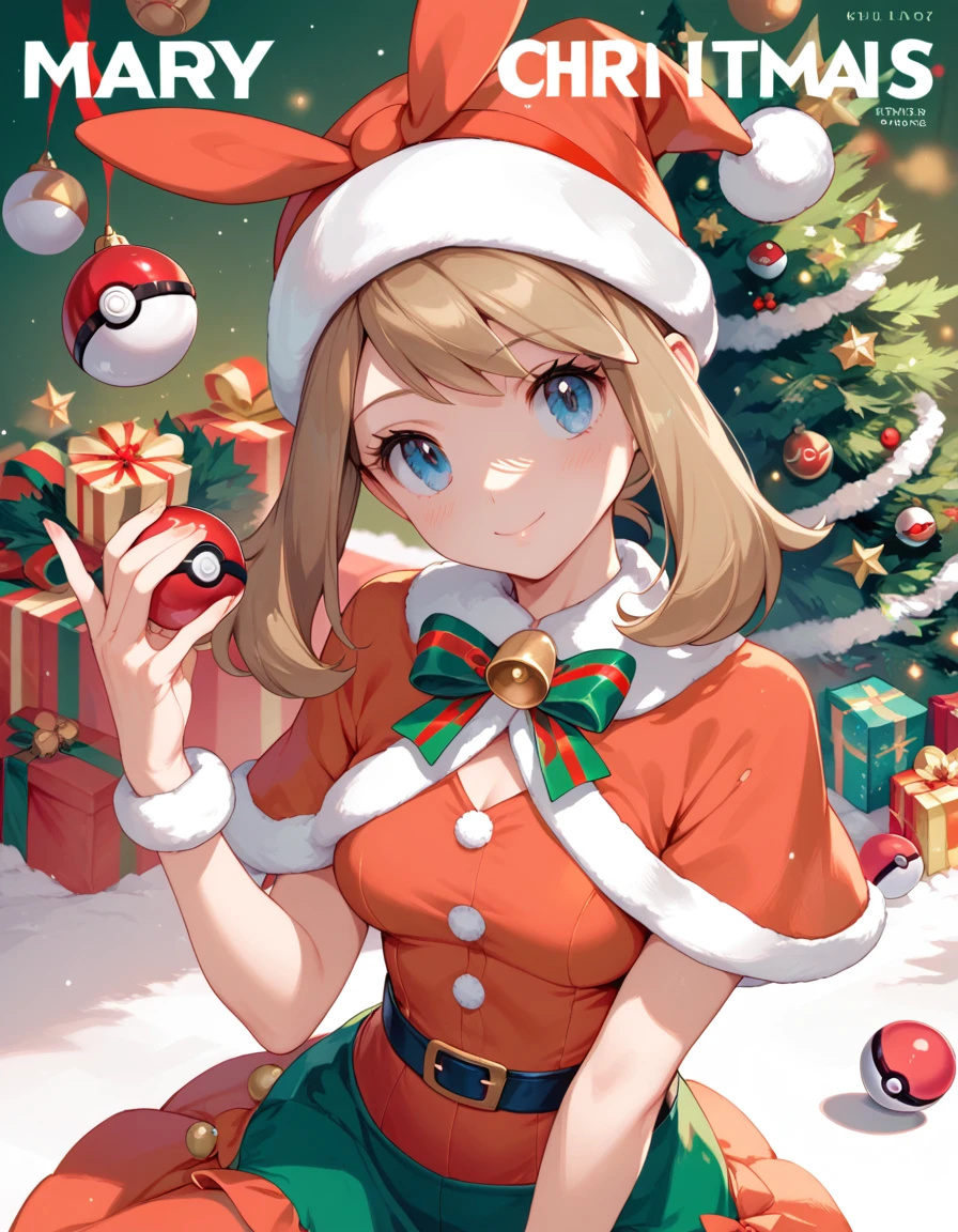 character pokemon may , girl , red-nosed reindeer costume, cute image, Christmas cover, saturated colors, friend , pokemon design, PokeBall 