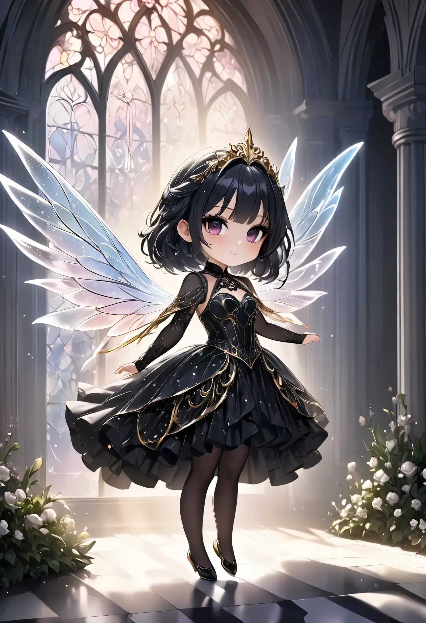 score_9, score_8_up, score_7_up, source_anime,chibi, best quality, official art, chibi, masterpiece, best quality, ultra-detailed, 1girl, dark gothic,drkgirl, demon attire, dark grow eyes, soft smile, light-filled background resembling death palace, delicate depiction crystal effect, flowing white and gold outfit, wings adorned with subtle sparkles, floating gracefully, dynamic pose, magical aura, pastel and soft lighting, whimsical and ethereal atmosphere, delicate and graceful composition