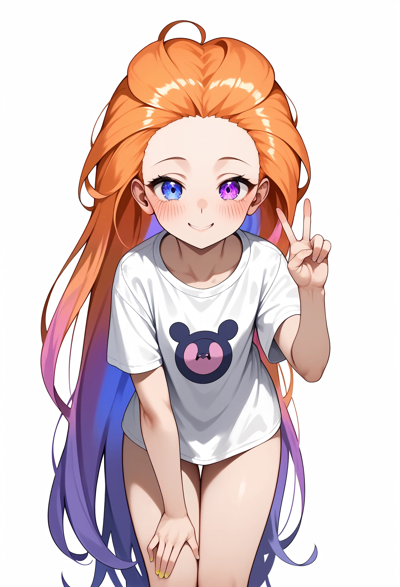 Masterpiece, Anime, 1girl, ZoeLoLXL, mature, purple eyes, (blue eye), heterochromia, orange hair, multicolored hair, gradient hair, purple hair, very long hair, forehead, small breasts, white shirt, oversized shirt, smile, blush, cute, full frame, leaning forward, hand on thigh, (peace sign), thighs, looking at viewer, leaning, white background, simple background, score_9, score_8_up, score_7_up, unaestheticXL_bp5