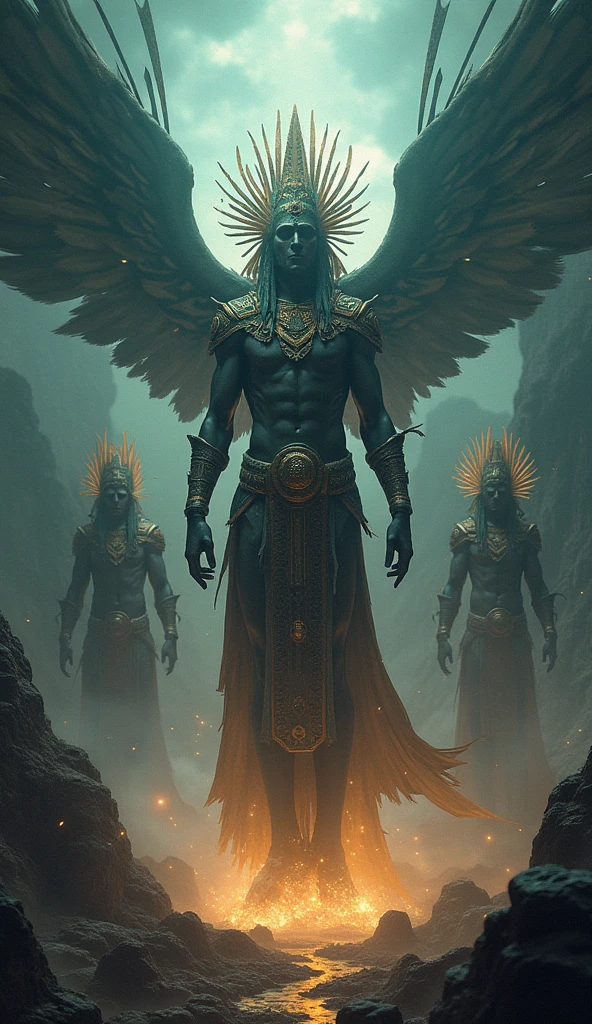 In Egyptian mythology, the scene of the creation of Shu and Tefnut by Atum, with Atum masturbating to raise his children. Shu and Tefnut must emerge from Atum's semen, represented as Egyptian gods with distinctive attributes. The image must be close-up, detailed and with intense colors that represent the energy of creation. (best quality) (masterpiece) (realistic) (detailed) (portrait) (close up) (stunning gradient colors) (no watermark signature) (detailed background) (insanely detailed) (absurdres) (HDR)”