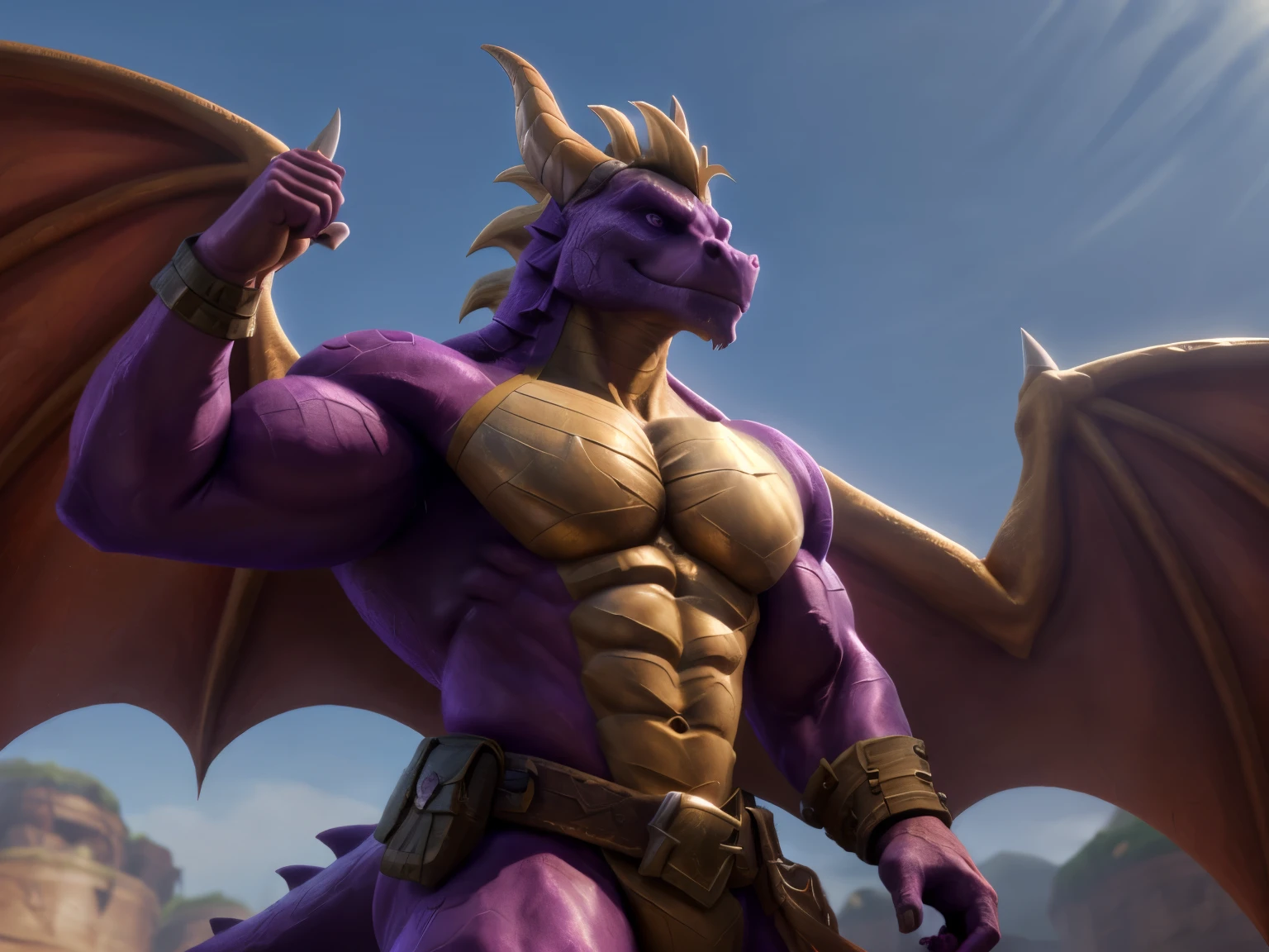 muscular male dragon, Spyro, Chad, bare chest muscles, medieval hero, adult, large, heroic pose, medieval fantasy, 2 Horns, 2 Wings, imposing, highly detailed, incredibly realistic, 8k, masterpiece, hyperrealistic, cinematic lighting, dramatic shadows, vivid colors, sharp focus, unreal engine, photorealistic, exquisite details