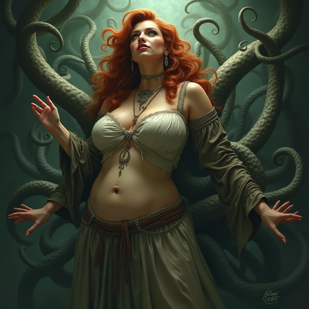 (Best quality:1.1),(Realistic:1.2),(highly details:1.0),(medusa:1.0), 20 year old face, realistic snakes for hair, nude breasts, snake lower body, full body shot, in a dark dungeon, cinematic, trending on artstation, Clyde Caldwell, matte painting, LegendDarkFantasy,