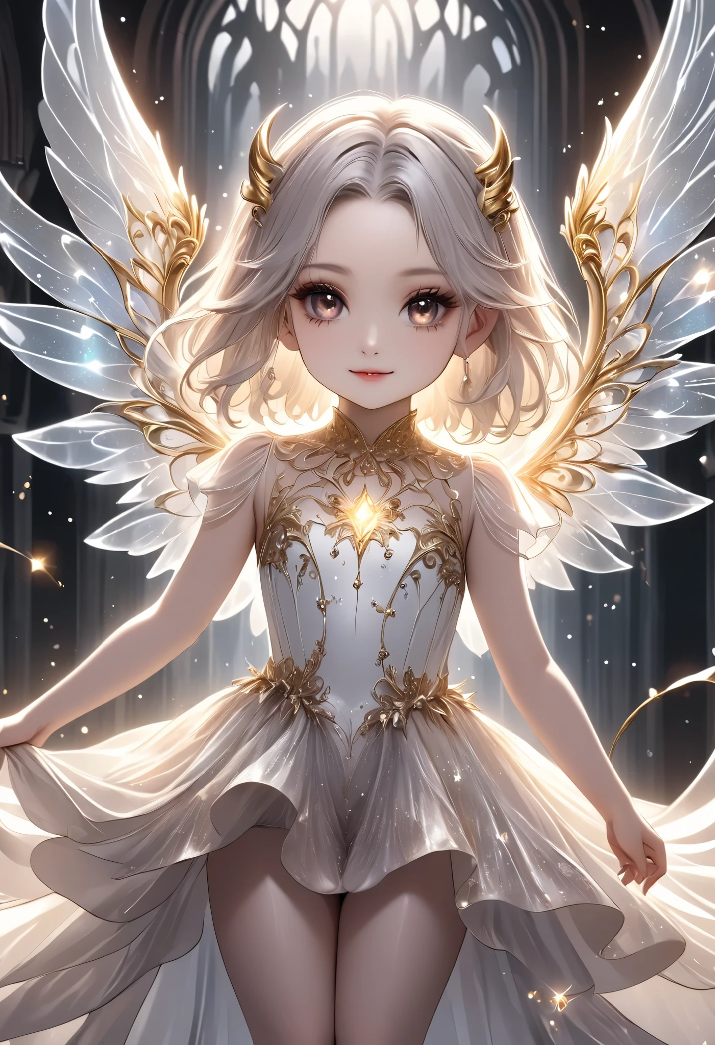 chibi, masterpiece, best quality, ultra-detailed, 1girl, dark gothic,drkgirl, demon attire, dark grow eyes, soft smile, light-filled background resembling death palace, delicate depiction crystal effect, flowing white and gold outfit, wings adorned with subtle sparkles, floating gracefully, dynamic pose, magical aura, pastel and soft lighting, whimsical and ethereal atmosphere, delicate and graceful composition