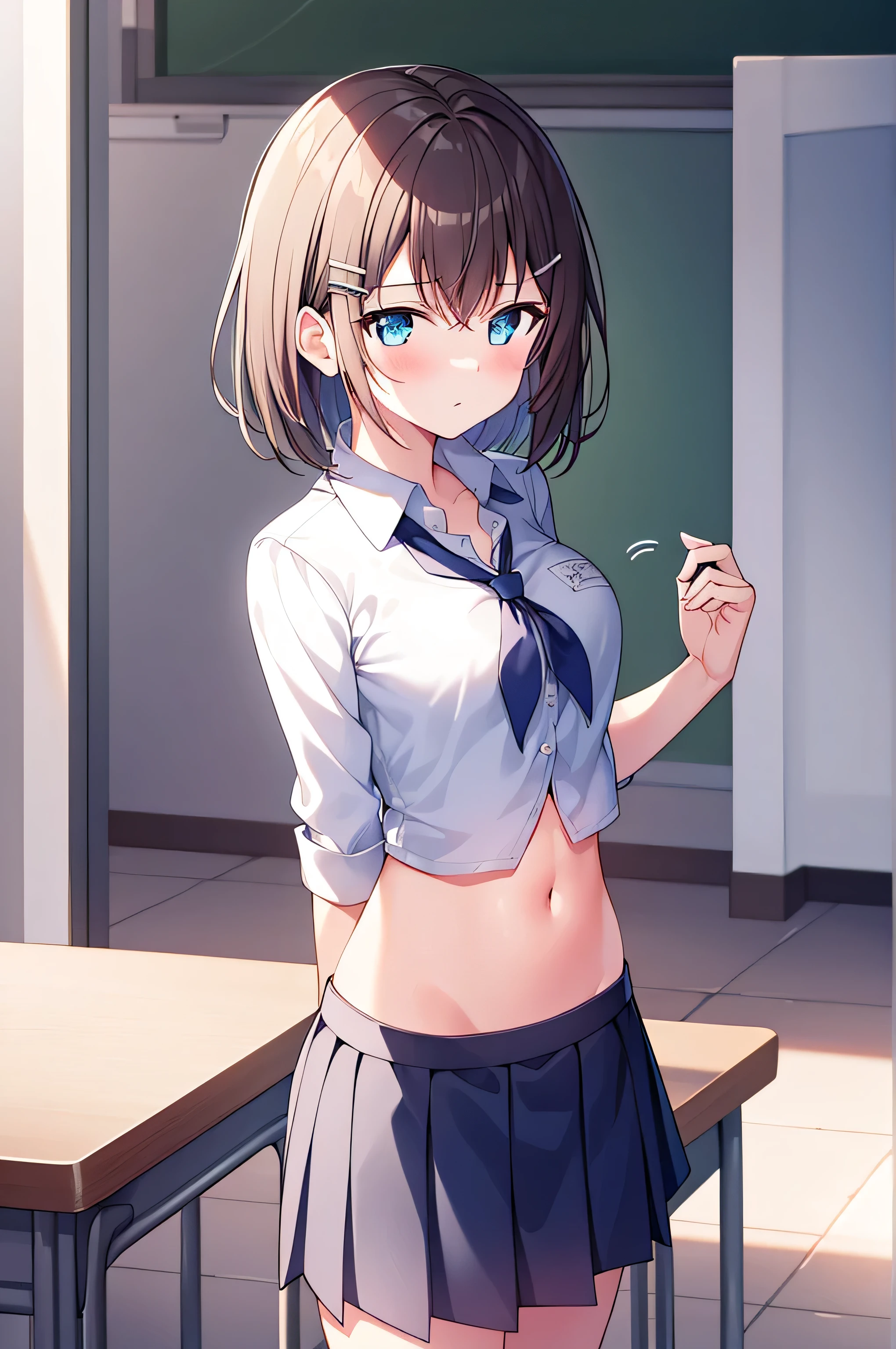  1 girl at home, ,  alone, A skirt, shirt,  blue_With eyes, disease, Large target_, hair_ Decorate style , White_shirt, Watching_Sh its own  in_ Peeping at the audience , Umbilical cord, pleSh its own  ined_A skirt, Sh its own in室内, black_hair, School_School Uniform, hairclip, _clothing,  blush, hair_between_With eyes, lSh its own  ing_sleeve,  in the room through bangs , sweSh its own iner_vest, blackboard, With collar_shirt,  blue_A skirt, Classroom,  lower bust , No._OK, _catch, Stomach, _shirt,  blue_disease, vague, clothing_Raise , Dutch Cupola_Cupola, ed_Sh its own  in_ its own _, Short_hair, cowboy_shooting, , School Oku, Scantily clad, eternal, vague_ Background and  ,