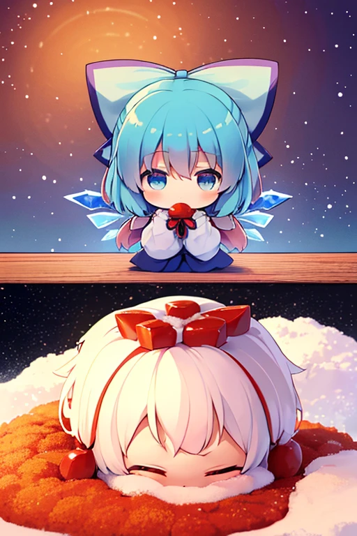 Cirno group (touhou) On a snow-covered winter night, many Cirno are eating tangerines at the kotatsu., (((yukkuri))), (((chibi))), (((head only))) (yukkuri shiteitte ne:1.4), yukkuri