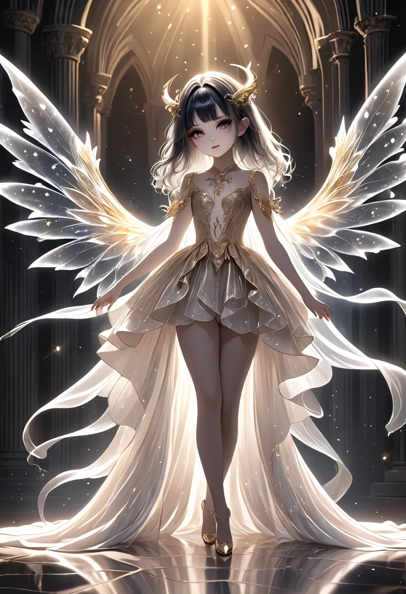 chibi, masterpiece, best quality, ultra-detailed, 1girl, dark gothic,drkgirl, demon attire, dark grow eyes, soft smile, light-filled background resembling death palace, delicate depiction crystal effect, flowing white and gold outfit, wings adorned with subtle sparkles, floating gracefully, dynamic pose, magical aura, pastel and soft lighting, whimsical and ethereal atmosphere, delicate and graceful composition