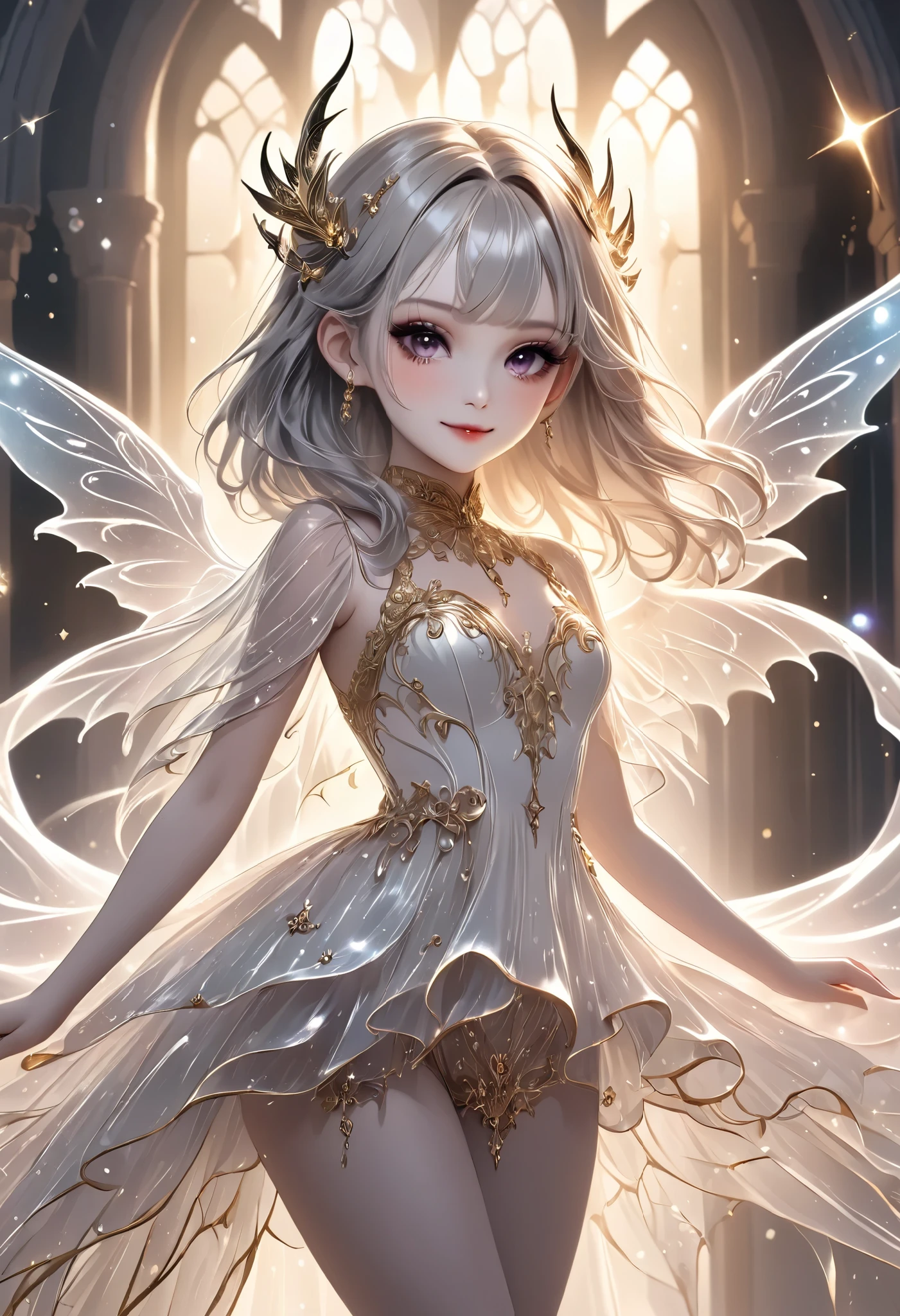 chibi, masterpiece, best quality, ultra-detailed, 1girl, dark gothic,drkgirl, demon attire, dark grow eyes, soft smile, light-filled background resembling death palace, delicate depiction crystal effect, flowing white and gold outfit, wings adorned with subtle sparkles, floating gracefully, dynamic pose, magical aura, pastel and soft lighting, whimsical and ethereal atmosphere, delicate and graceful composition