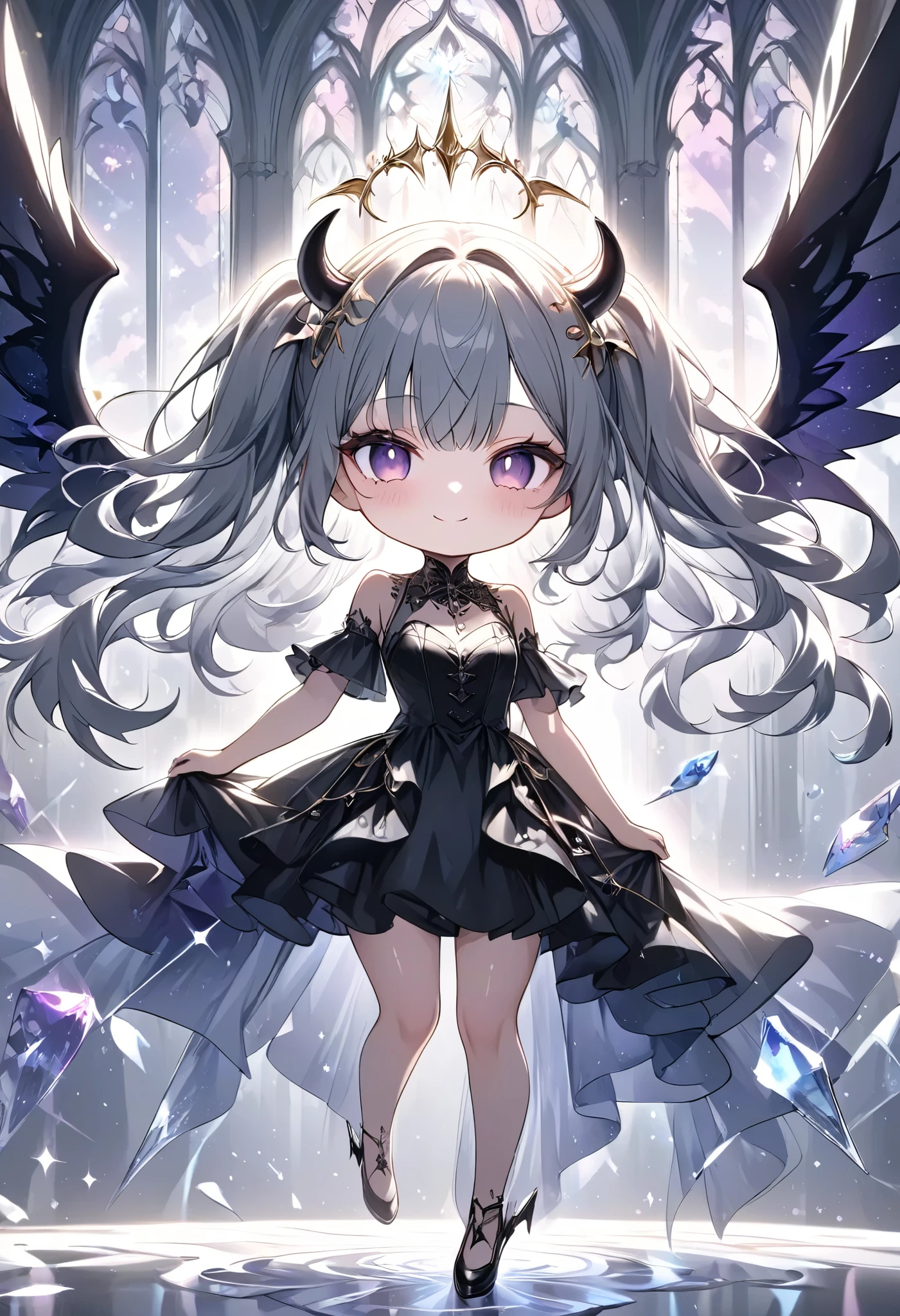 chibi, masterpiece, best quality, ultra-detailed, 1girl, dark gothic,drkgirl, demon attire, dark grow eyes, soft smile, light-filled background resembling death palace, delicate depiction crystal effect spell, flowing white and gold outfit, wings adorned with subtle sparkles, floating gracefully, dynamic pose, magical aura, pastel and soft lighting, whimsical and ethereal atmosphere, delicate and graceful composition