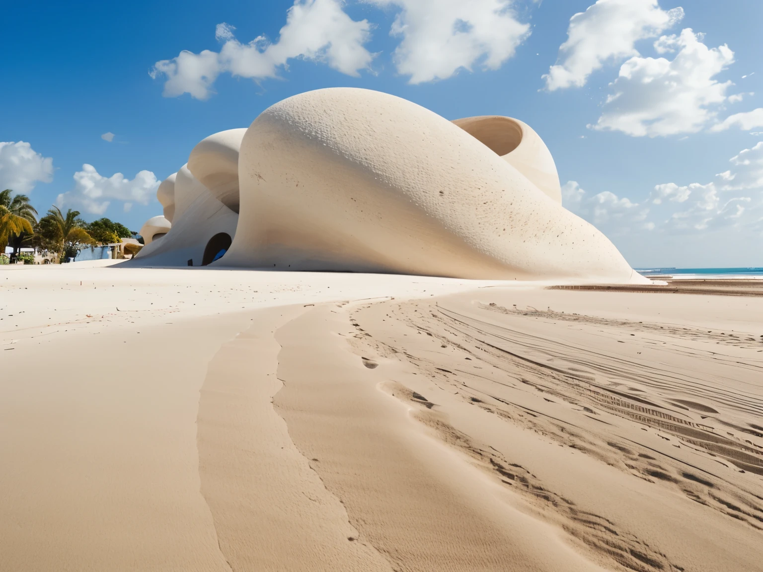 raw photo, (biomorphic museum building seen from outside), (walls with african textures), ((front elevation)), (limestone), Curvilinear, curved borders, Mediterranean sea environment, white sky, (Diffused light:1.3) (white sand), minimalist style, dirty particles, architectural photography, hyper-realistic,  little ring, 8k, Nikon Z6 mirrorless camera, Film grain